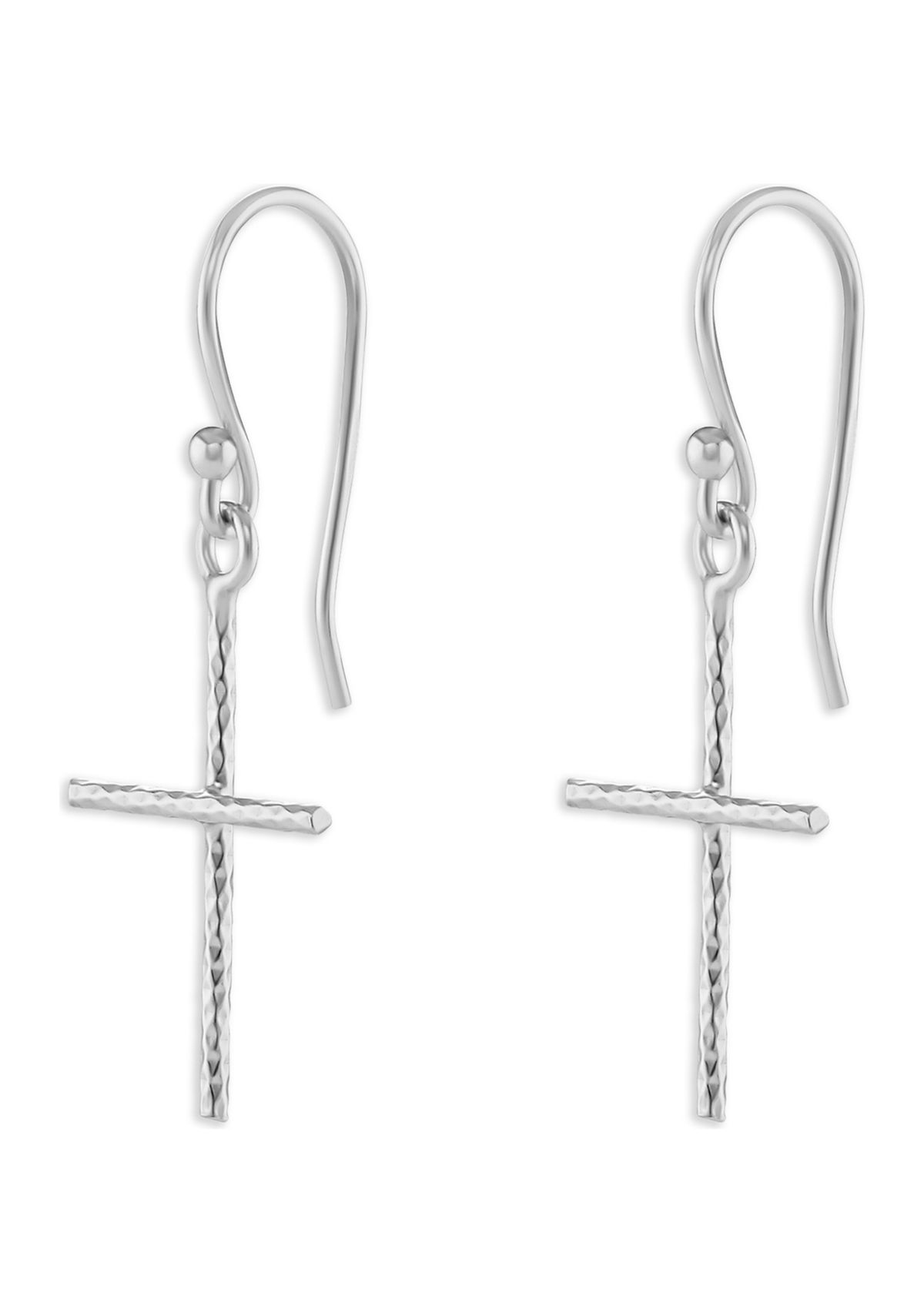 Sterling Silver Hammered Cross Drop Earrings