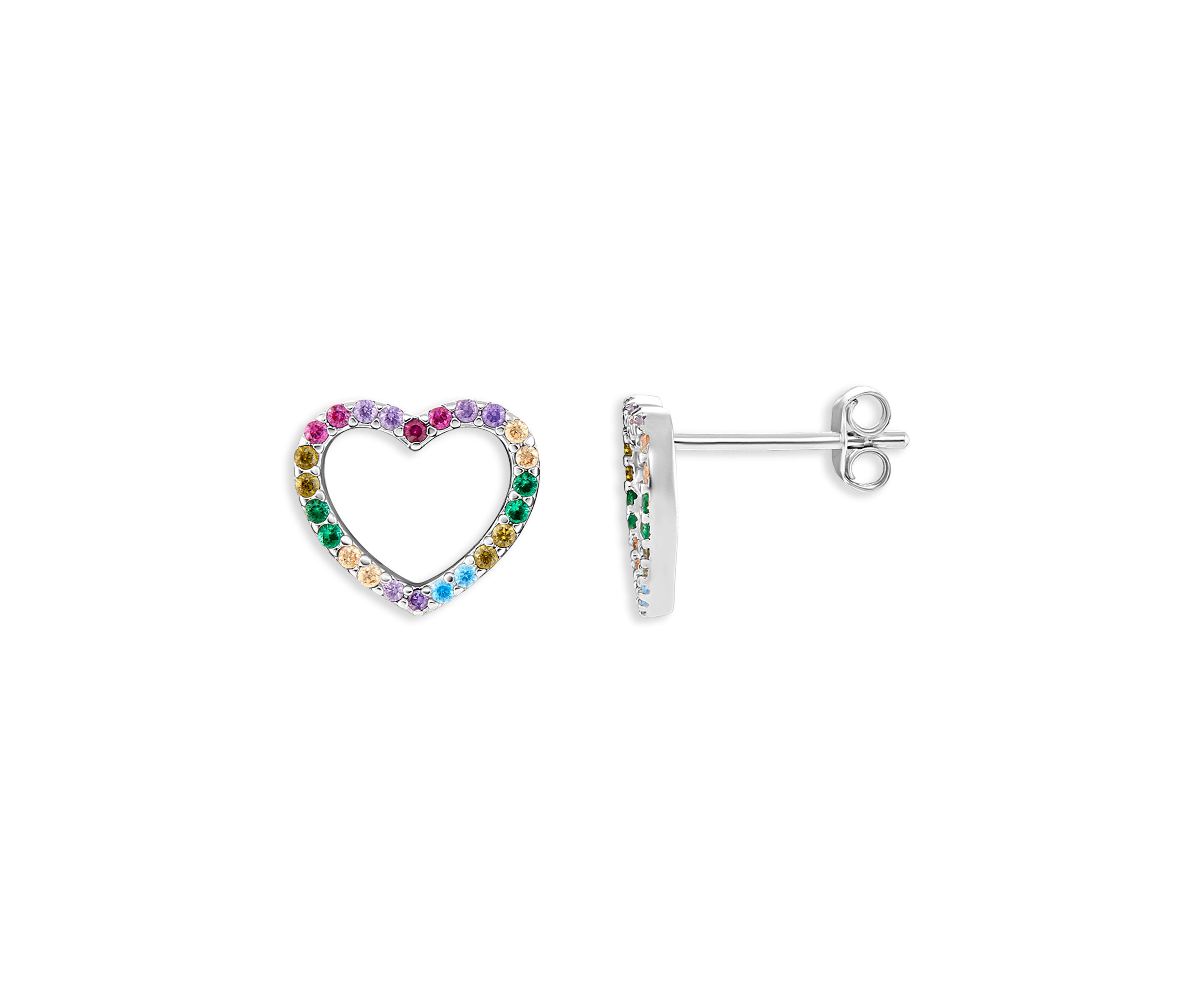 Sterling Silver Multi Color Cubic Zirconia Open Heart Stud Earrings