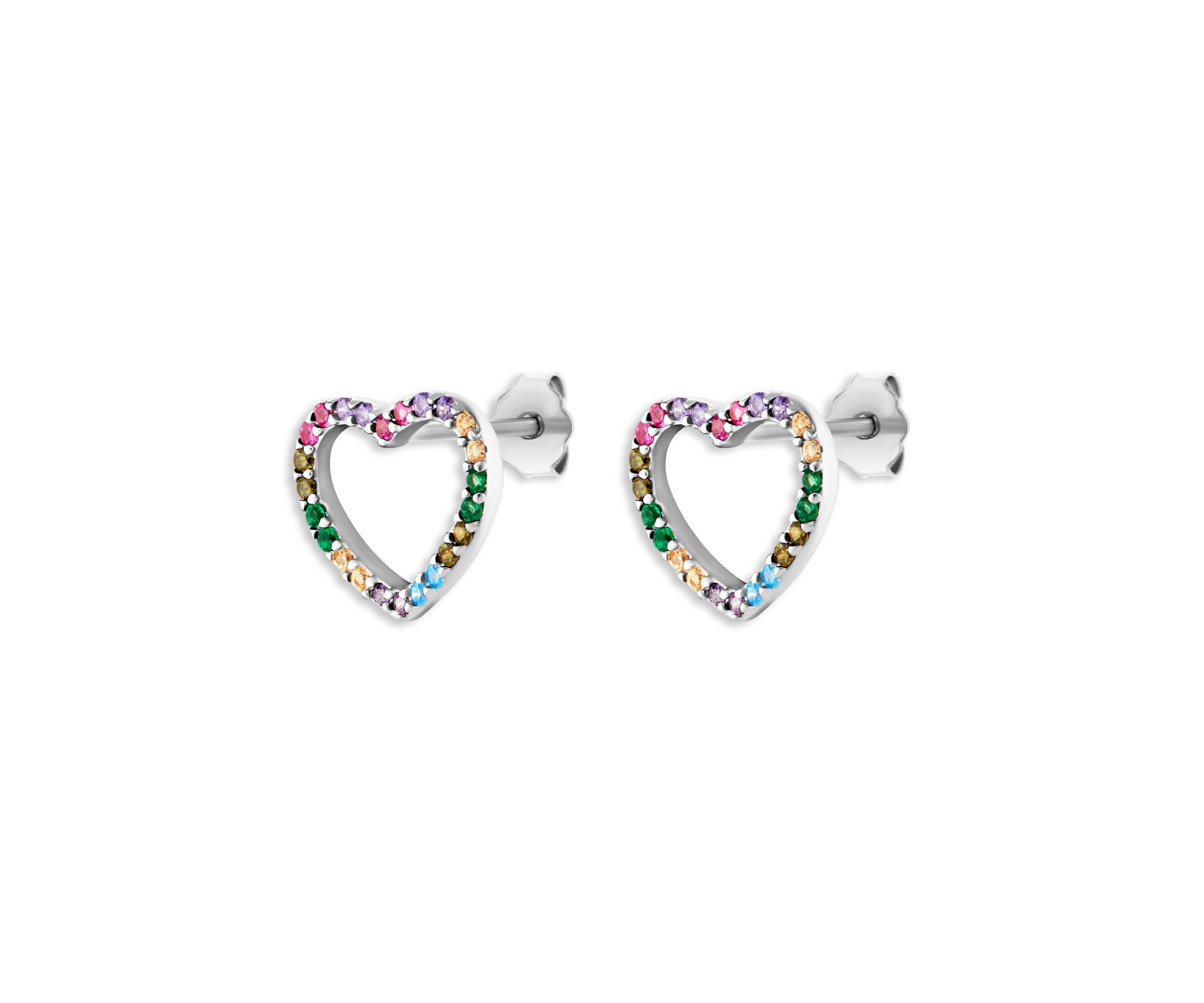 Sterling Silver Multi Color Cubic Zirconia Open Heart Stud Earrings