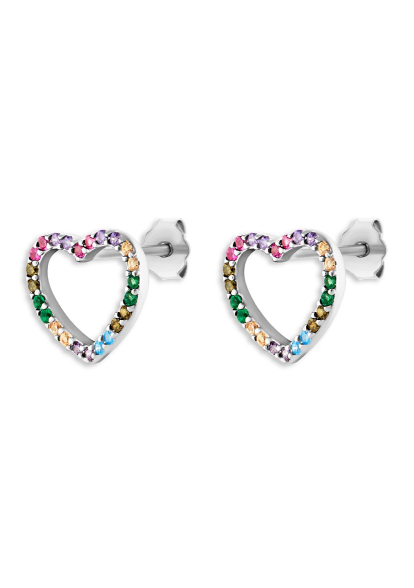 Sterling Silver Multi Color Cubic Zirconia Open Heart Stud Earrings