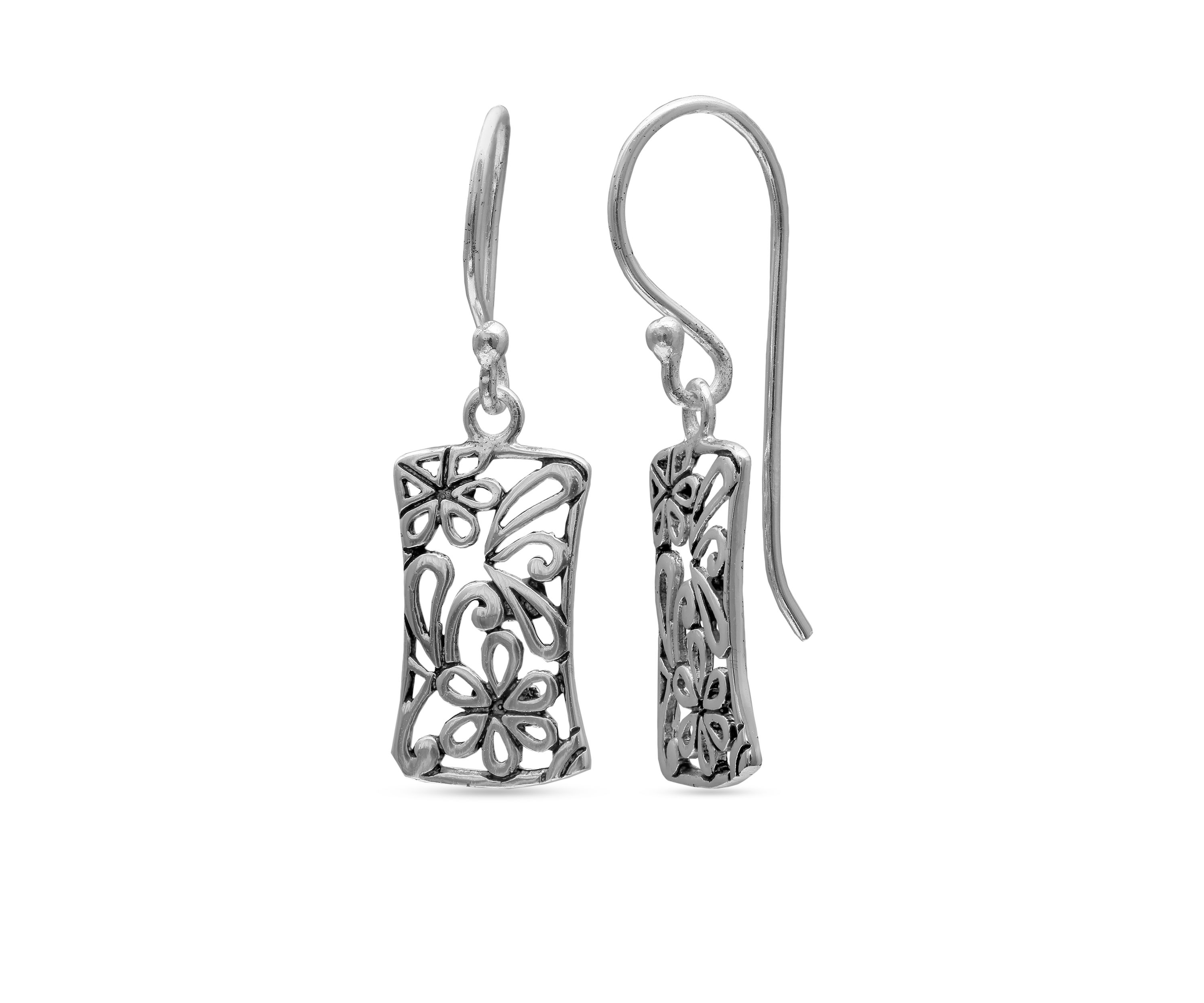 Simply Sterling Rectangle Floral Filigree Drop Earrings