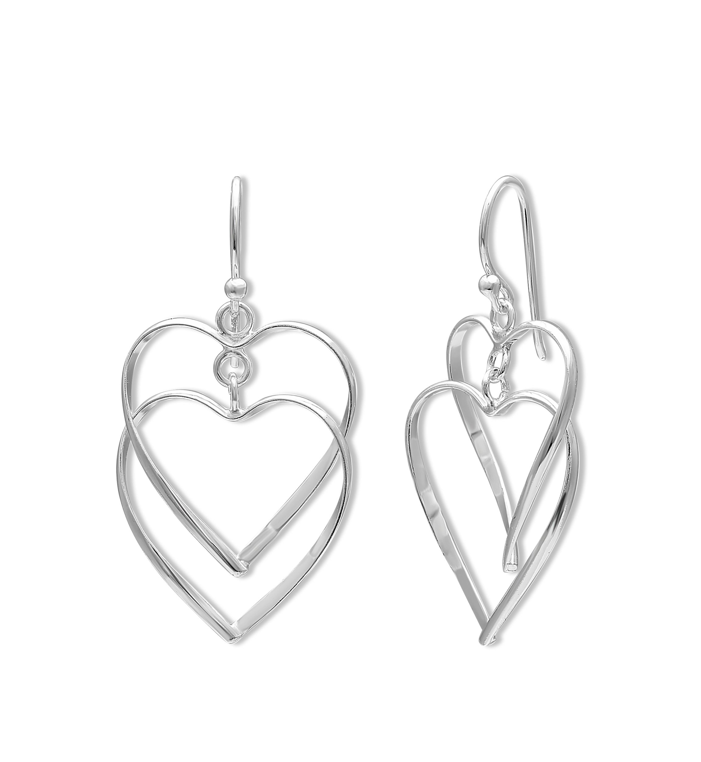 Polished Double Heart Drop Earrings in Sterling Silver