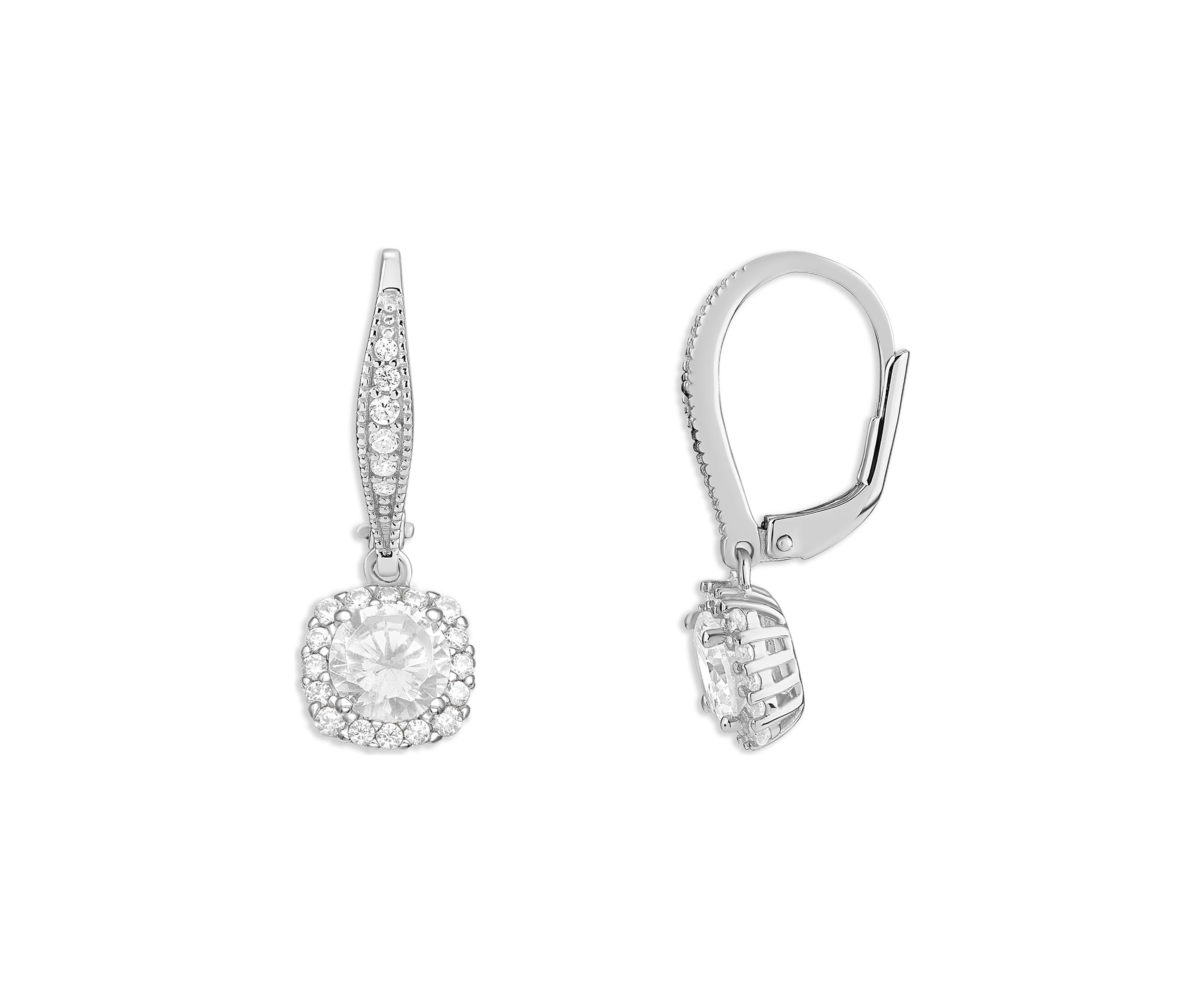 Sterling Silver CZ Rounded Square Drop Earrings