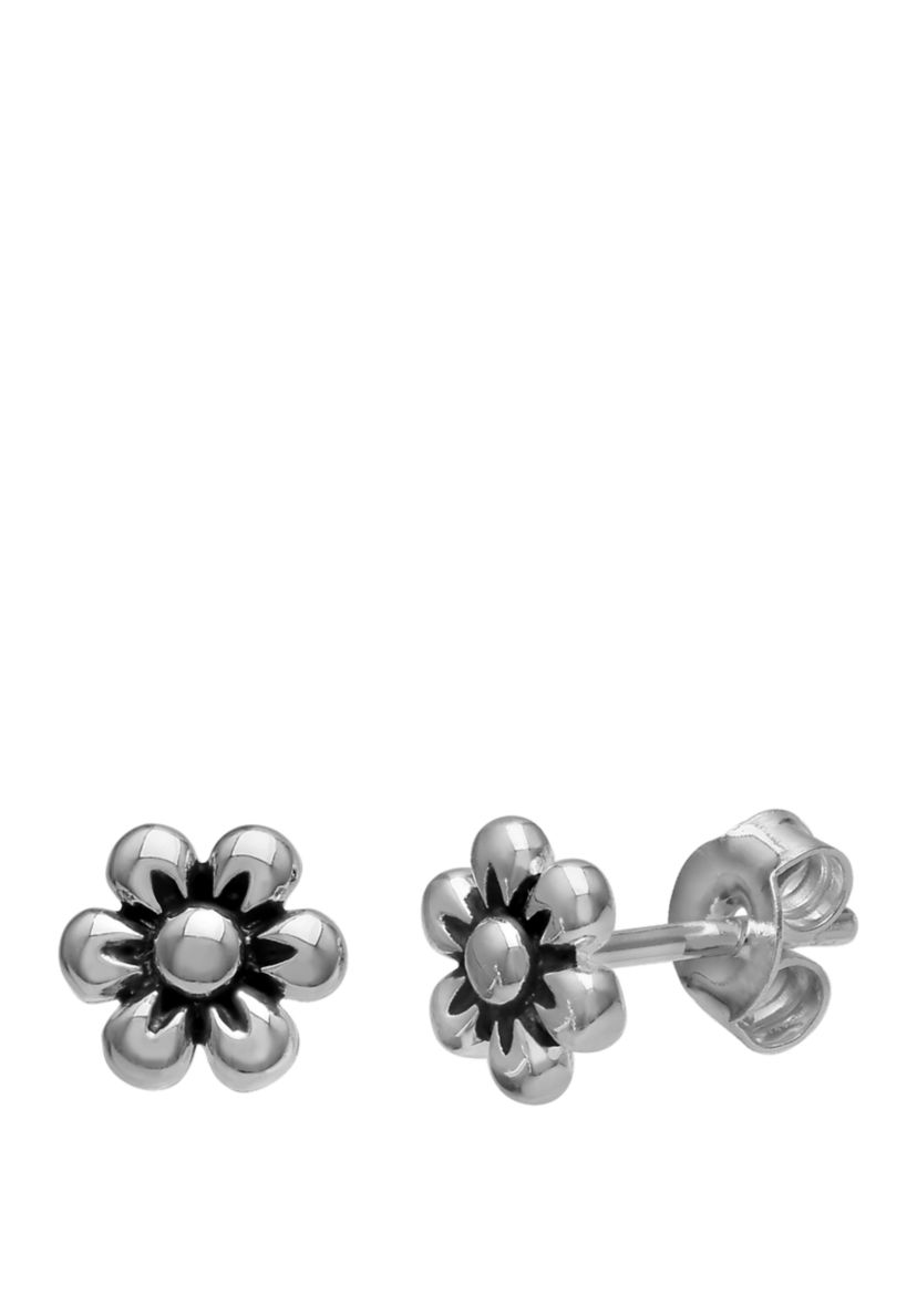 7 Millimeter Sterling Silver Polished Oxidized Flower Stud Earrings 