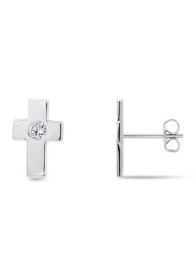Belk Sterling Silver Sterling Silver Polished Cross Cubic Zirconia Center Stud Earrings
