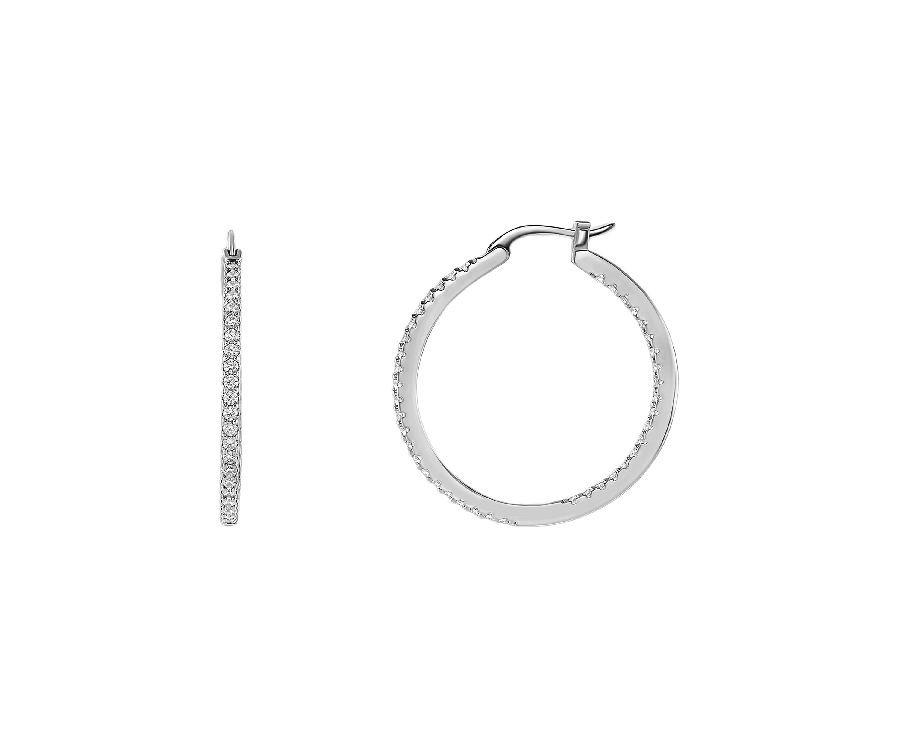 Silver Plated In and Out Pavé Cubic Zirconia 30 Millimeter Hoop Earrings