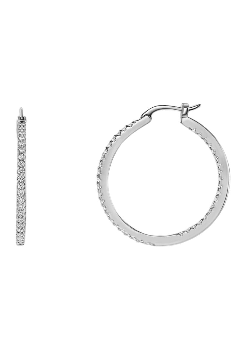 Silver Plated In and Out Pavé Cubic Zirconia 30 Millimeter Hoop Earrings