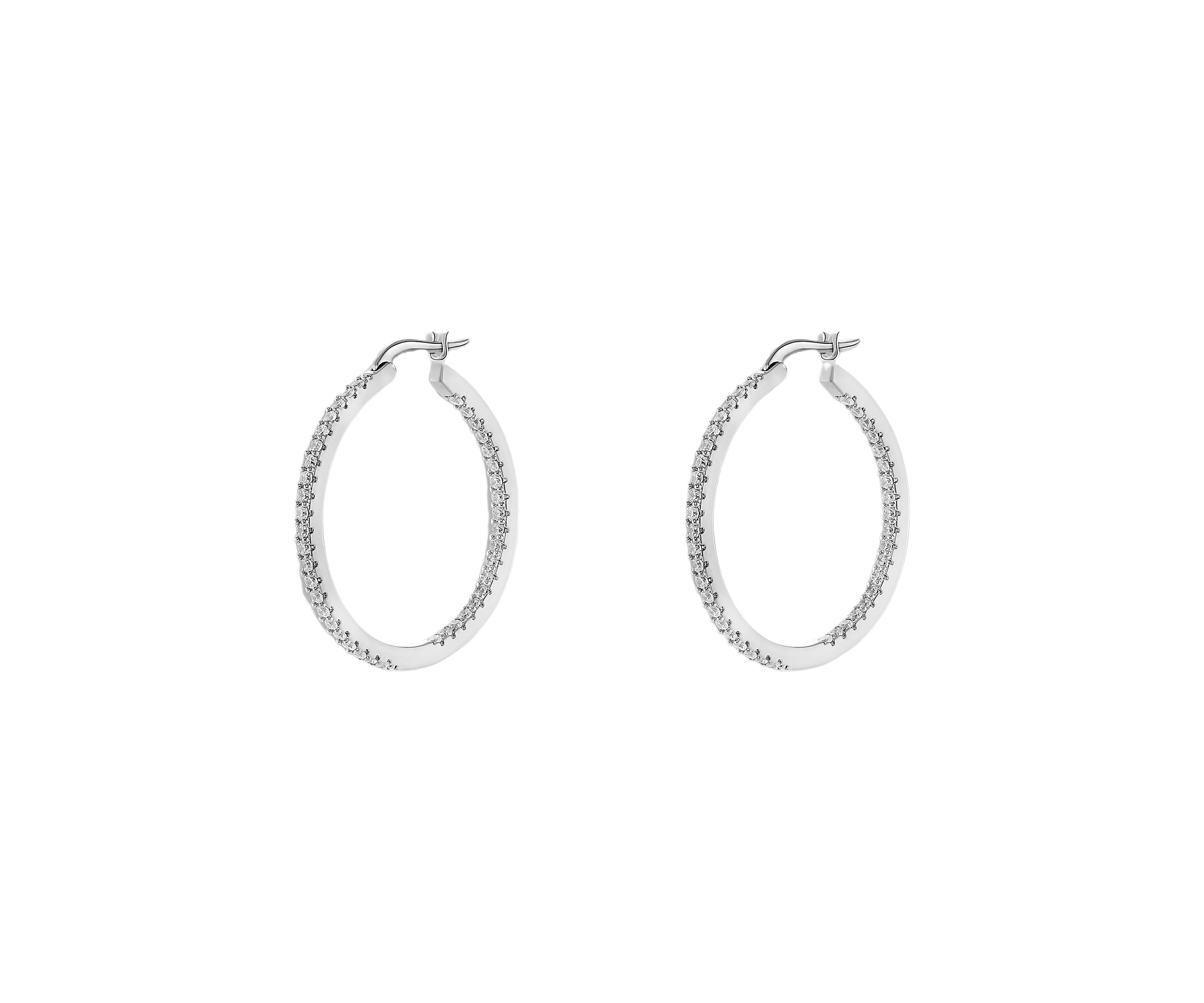 Silver Plated In and Out Pavé Cubic Zirconia 30 Millimeter Hoop Earrings