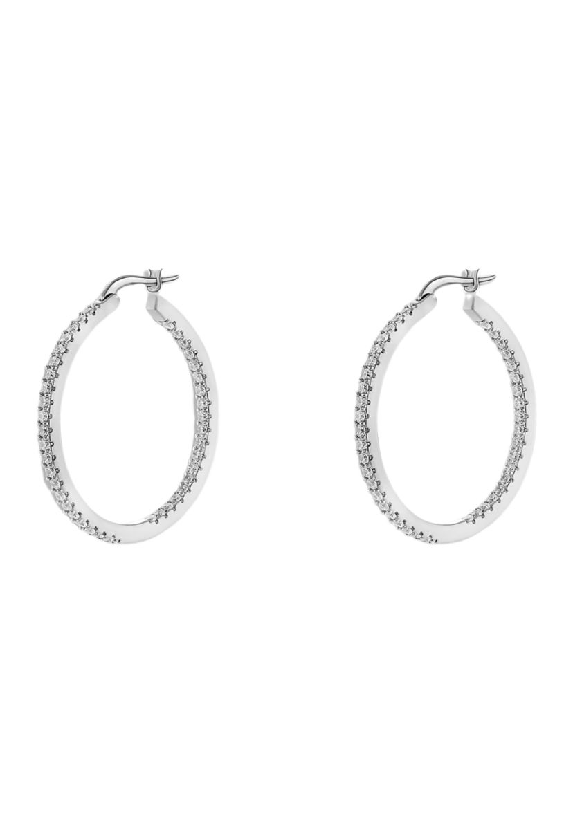 Silver Plated In and Out Pavé Cubic Zirconia 30 Millimeter Hoop Earrings