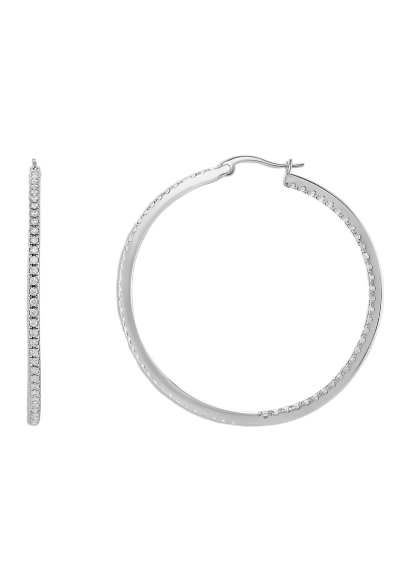 Silver Plated In and Out Pavé Cubic Zirconia Hoop Earrings
