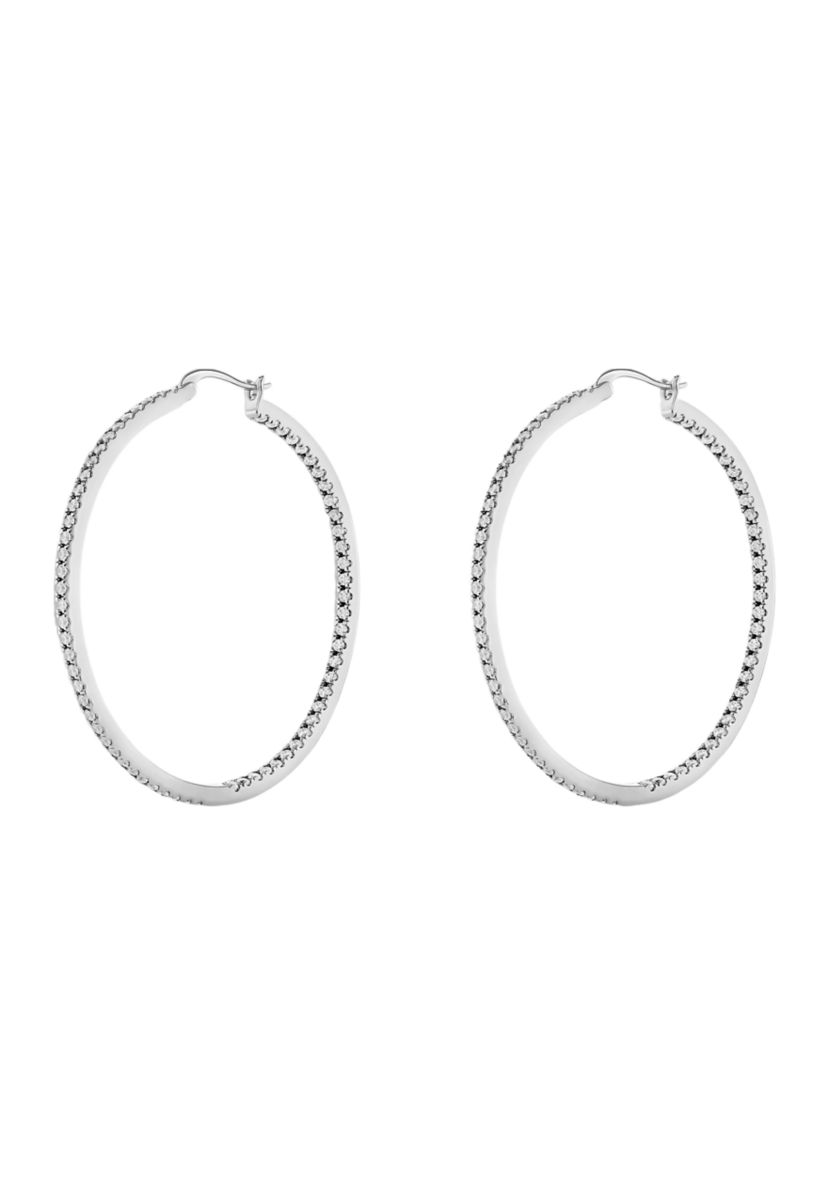 Silver Plated In and Out Pavé Cubic Zirconia Hoop Earrings
