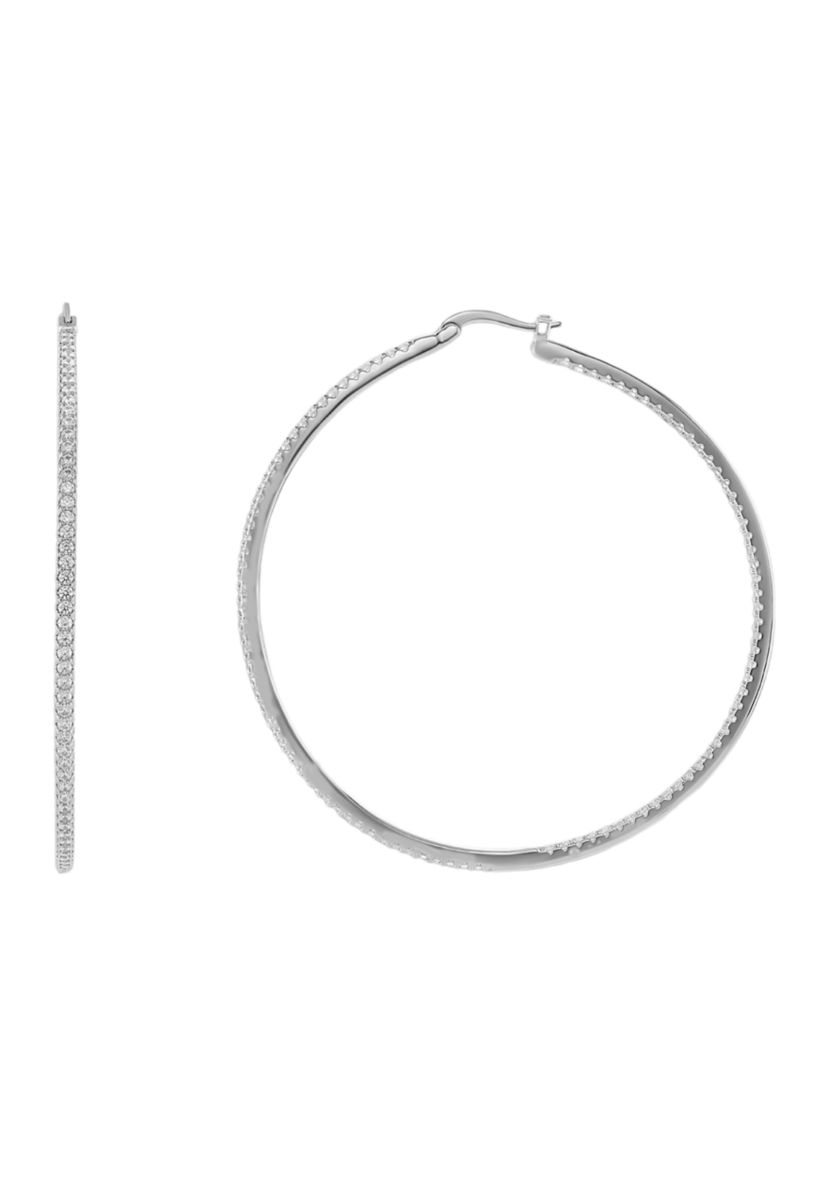 Silver Plated In and Out Pavé Cubic Zirconia 60 Millimeter Hoop Earrings