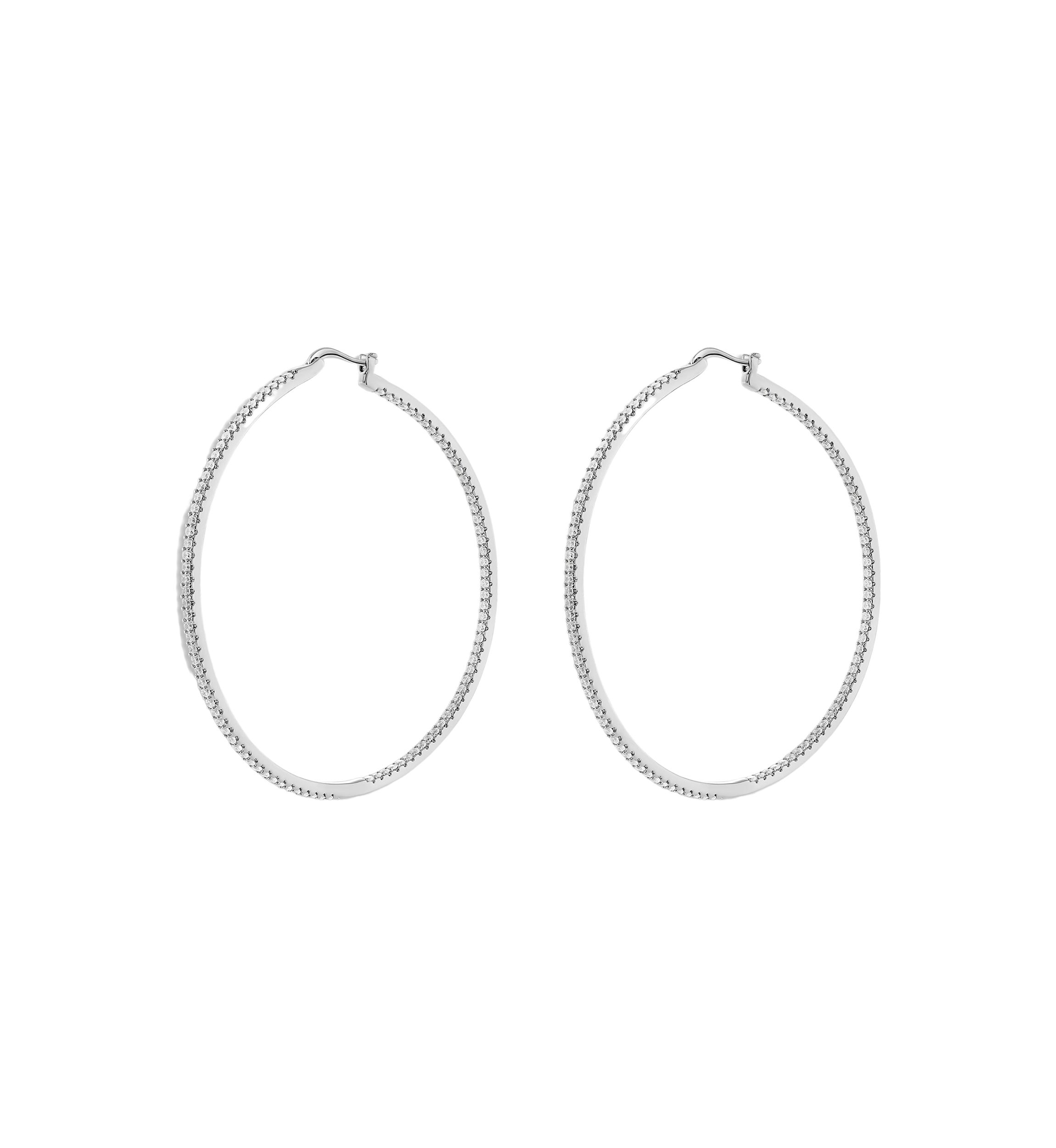 Silver Plated In and Out Pavé Cubic Zirconia 60 Millimeter Hoop Earrings