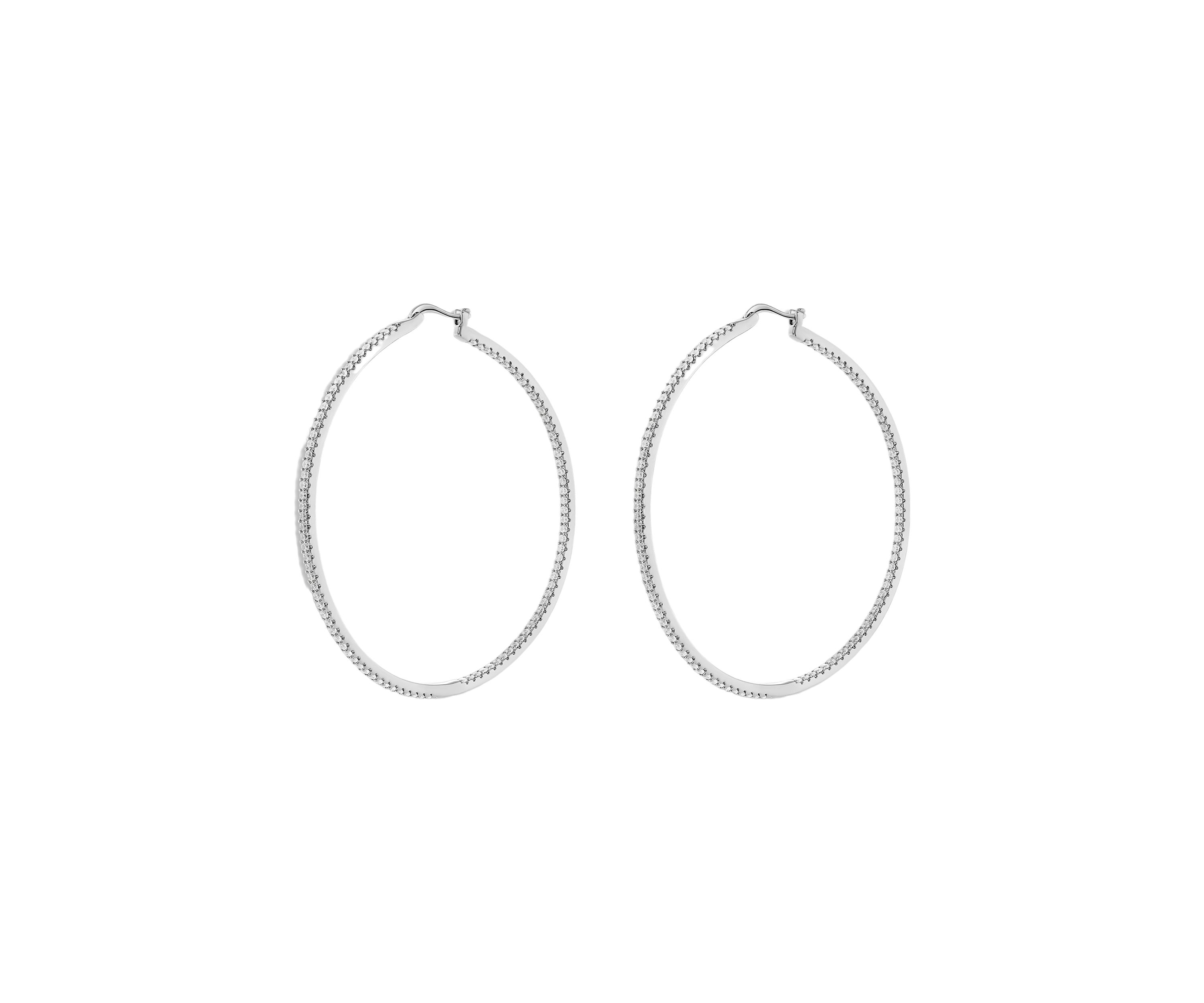 Silver Plated In and Out Pavé Cubic Zirconia 60 Millimeter Hoop Earrings