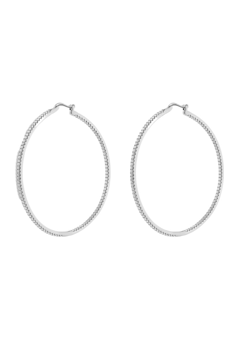 Silver Plated In and Out Pavé Cubic Zirconia 60 Millimeter Hoop Earrings