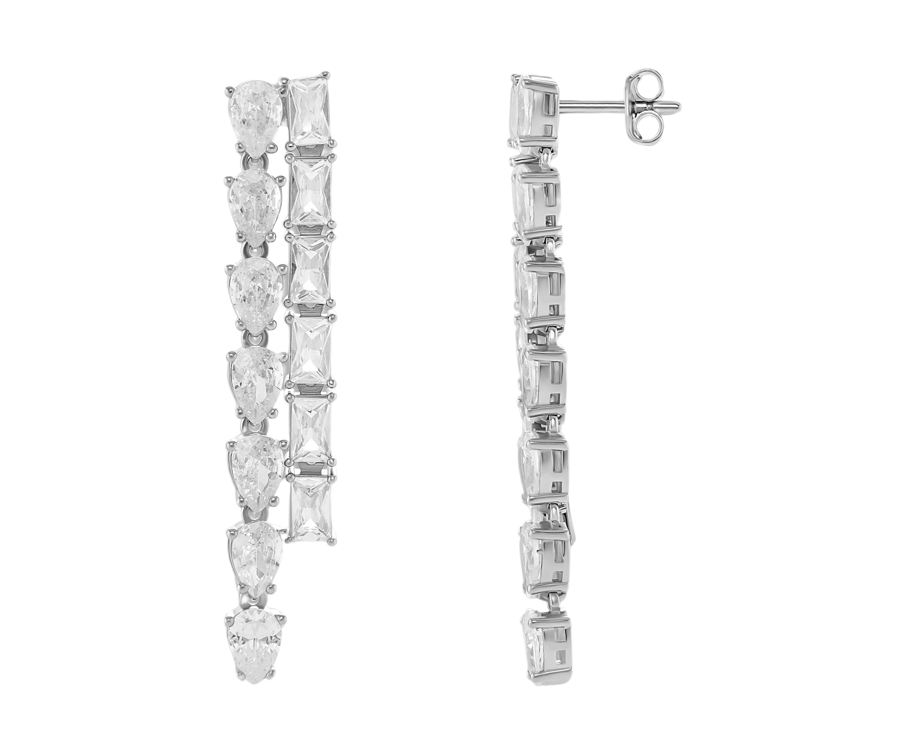 Silver Plated Pear Square Cubic Zirconia Strand Drop Earrings
