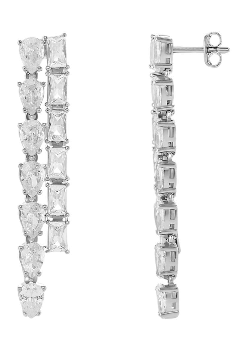 Silver Plated Pear Square Cubic Zirconia Strand Drop Earrings