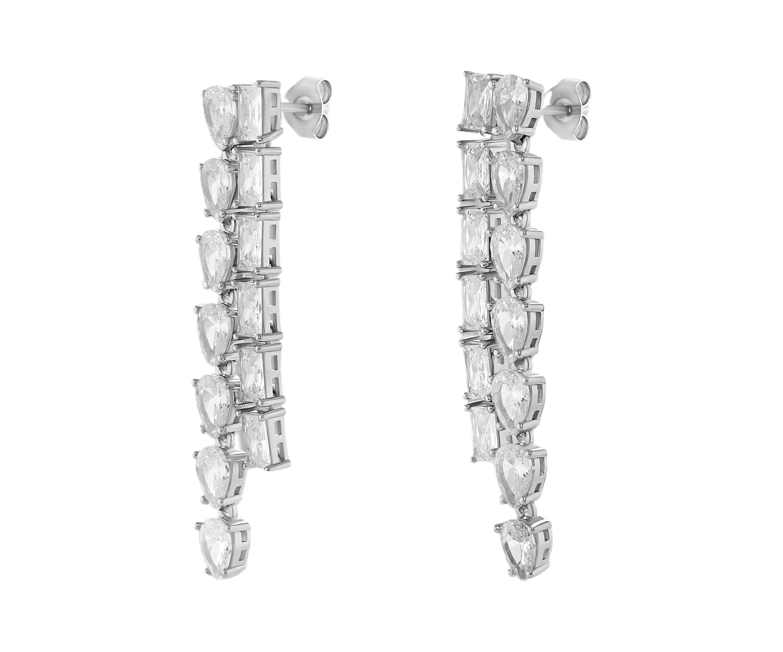 Silver Plated Pear Square Cubic Zirconia Strand Drop Earrings