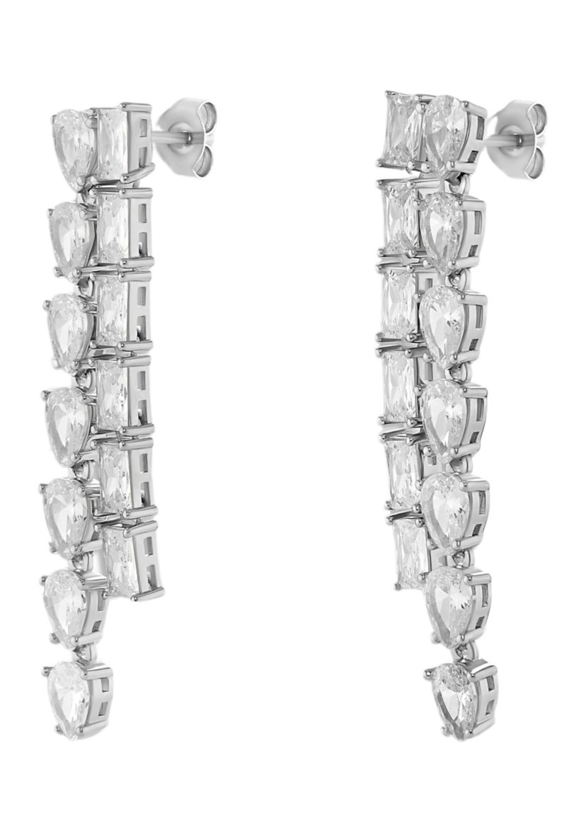 Silver Plated Pear Square Cubic Zirconia Strand Drop Earrings