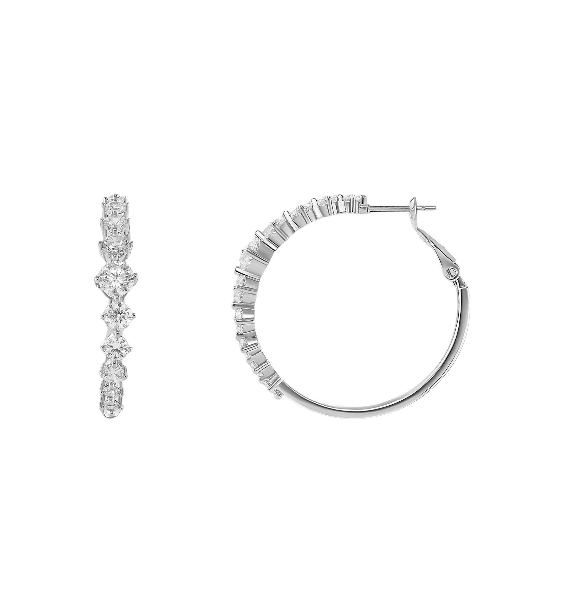 Silver Plated Graduated Cubic Zirconia Polished Hoop Earrings