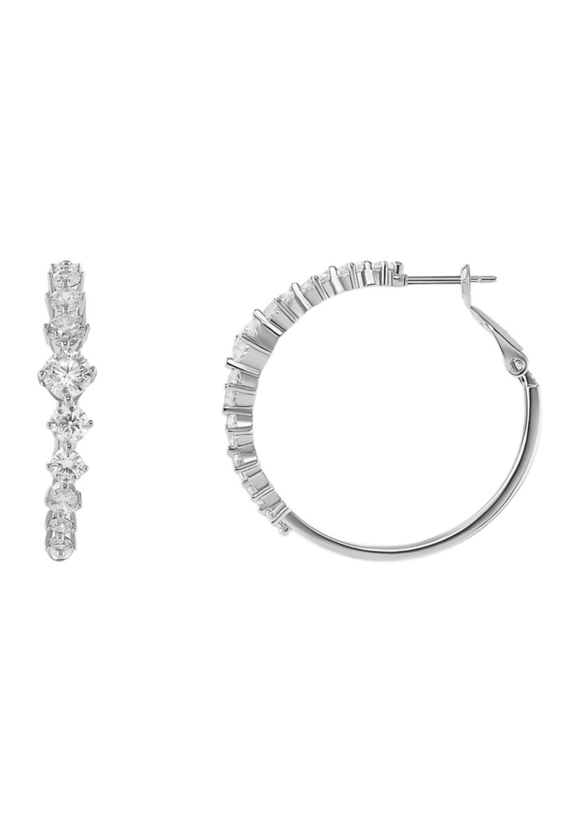 Silver Plated Graduated Cubic Zirconia Polished Hoop Earrings