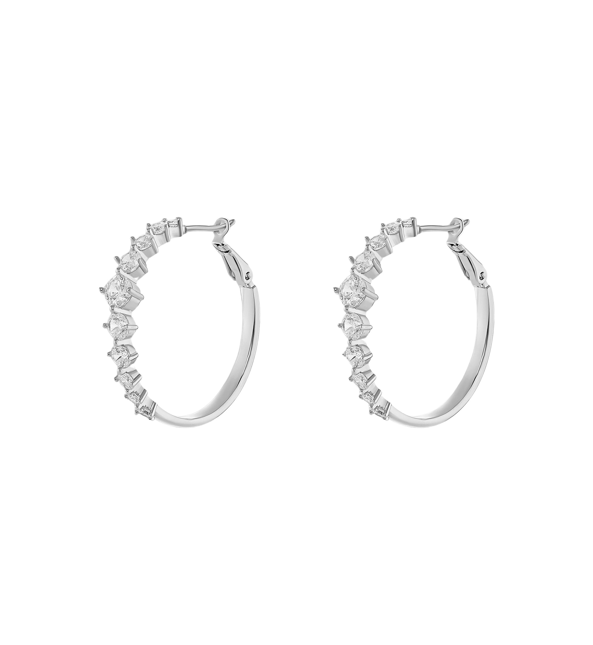 Silver Plated Graduated Cubic Zirconia Polished Hoop Earrings