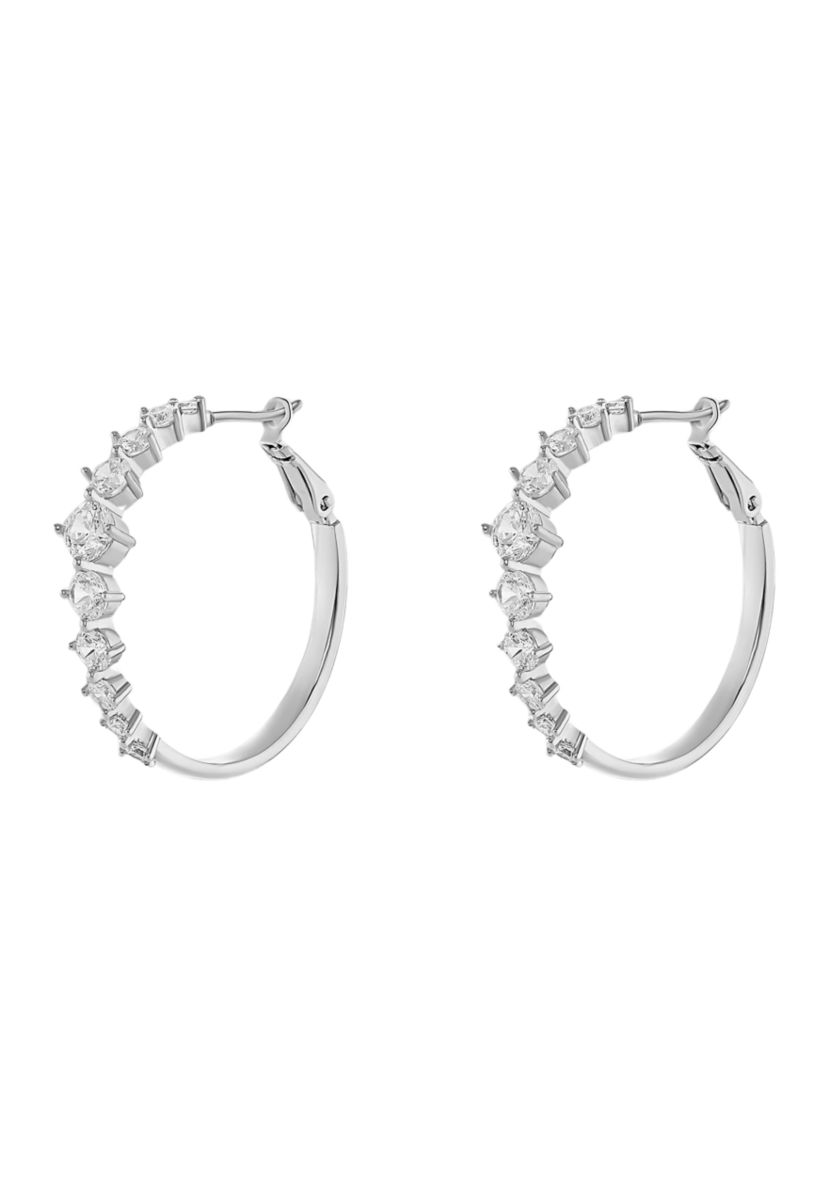 Silver Plated Graduated Cubic Zirconia Polished Hoop Earrings