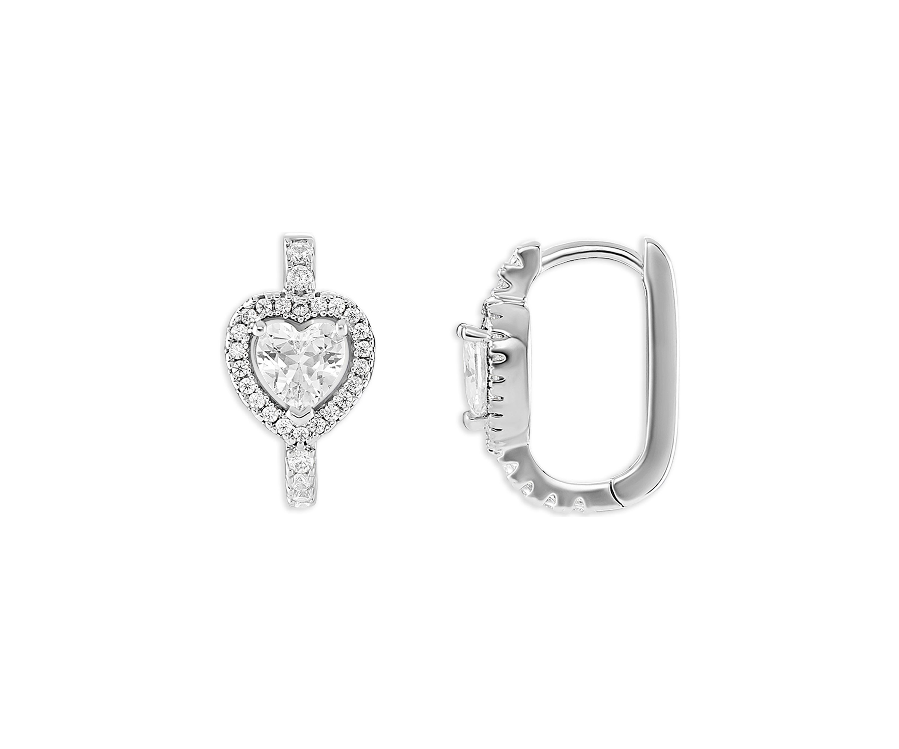 Silver Plated Cubic Zirconia Pave Heart Halo Huggie Earrings