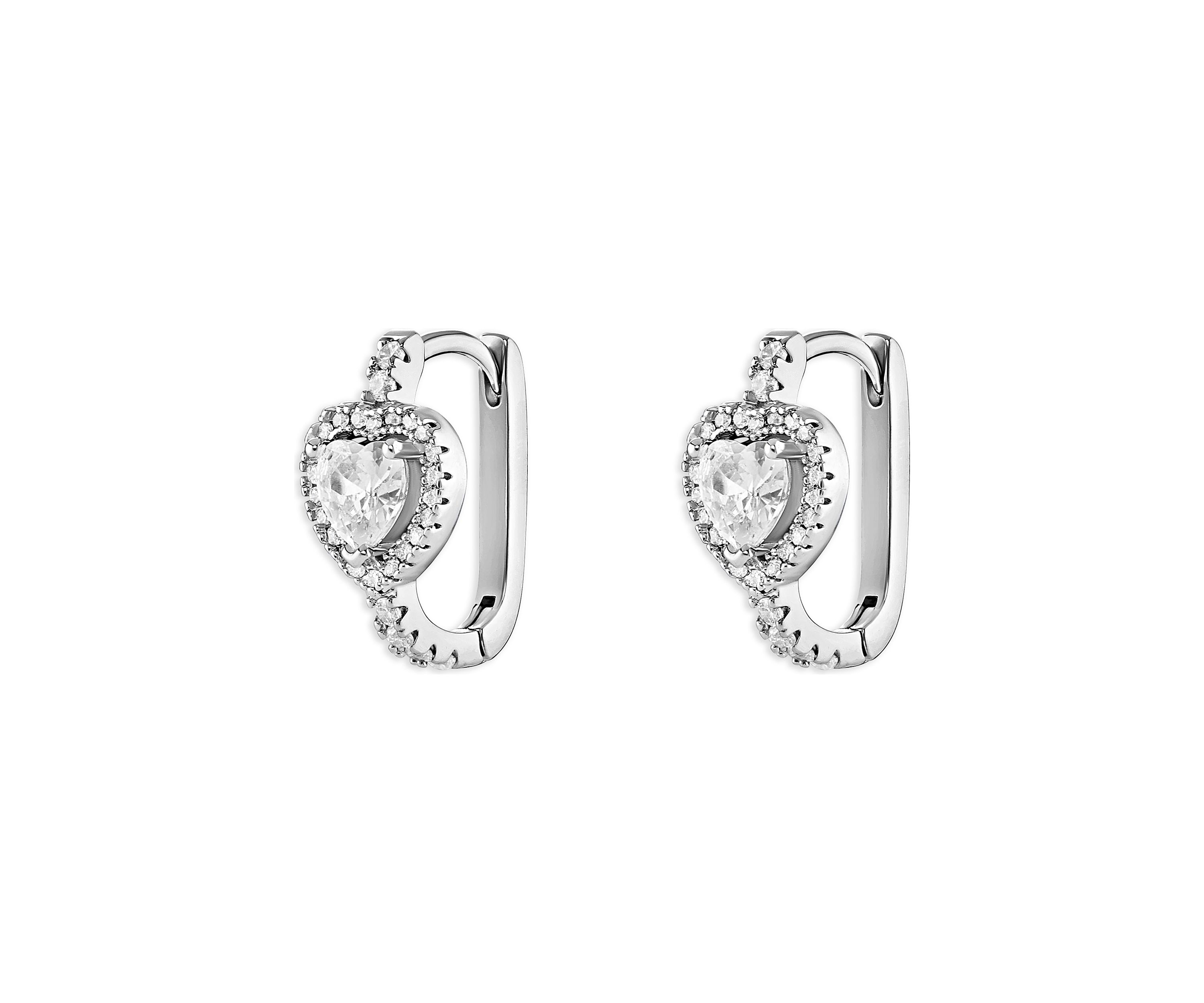 Silver Plated Cubic Zirconia Pave Heart Halo Huggie Earrings