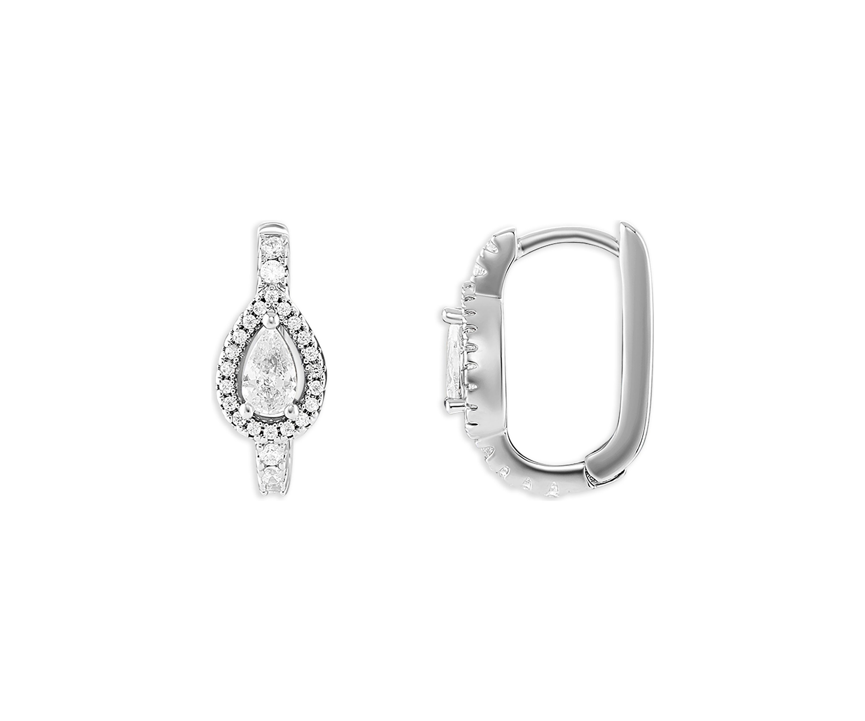 Silver Plated Cubic Zirconia Pave Teardrop Halo Huggie Earrings