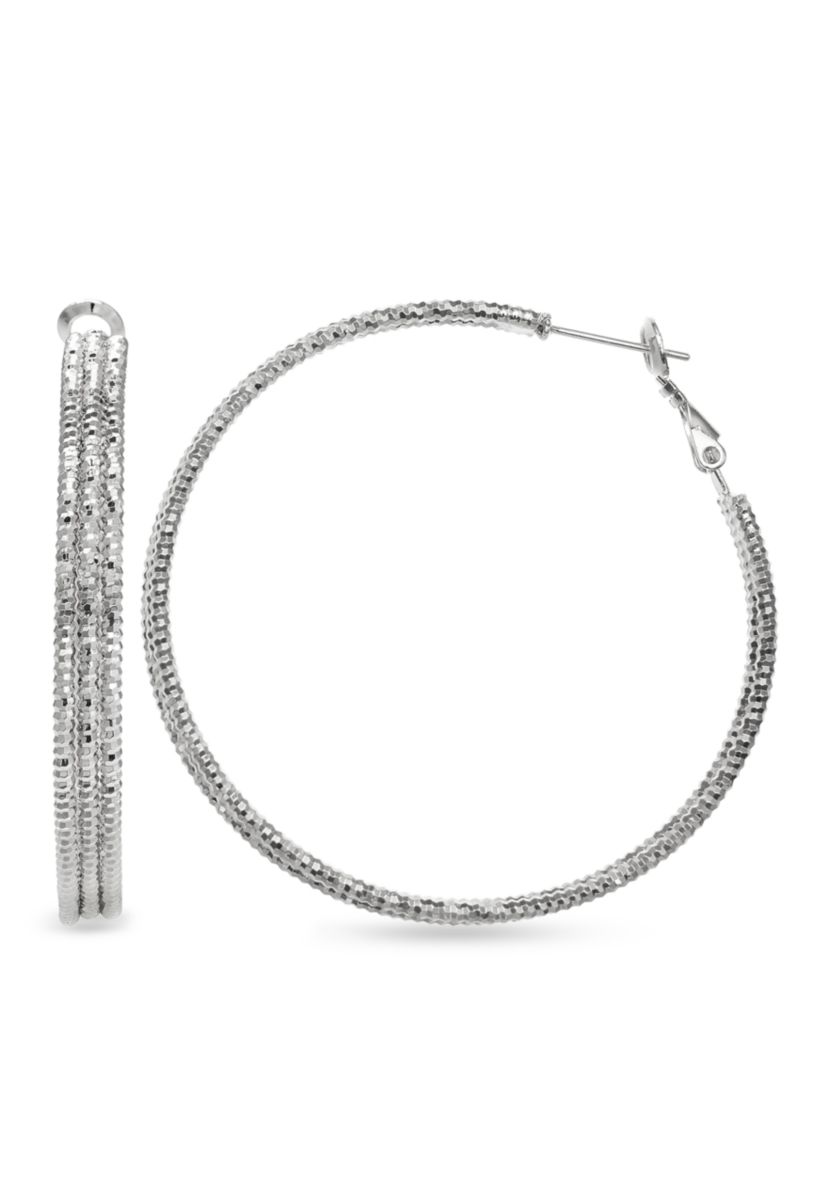 Silver Plated Diamond Cut Round Hoop Earring