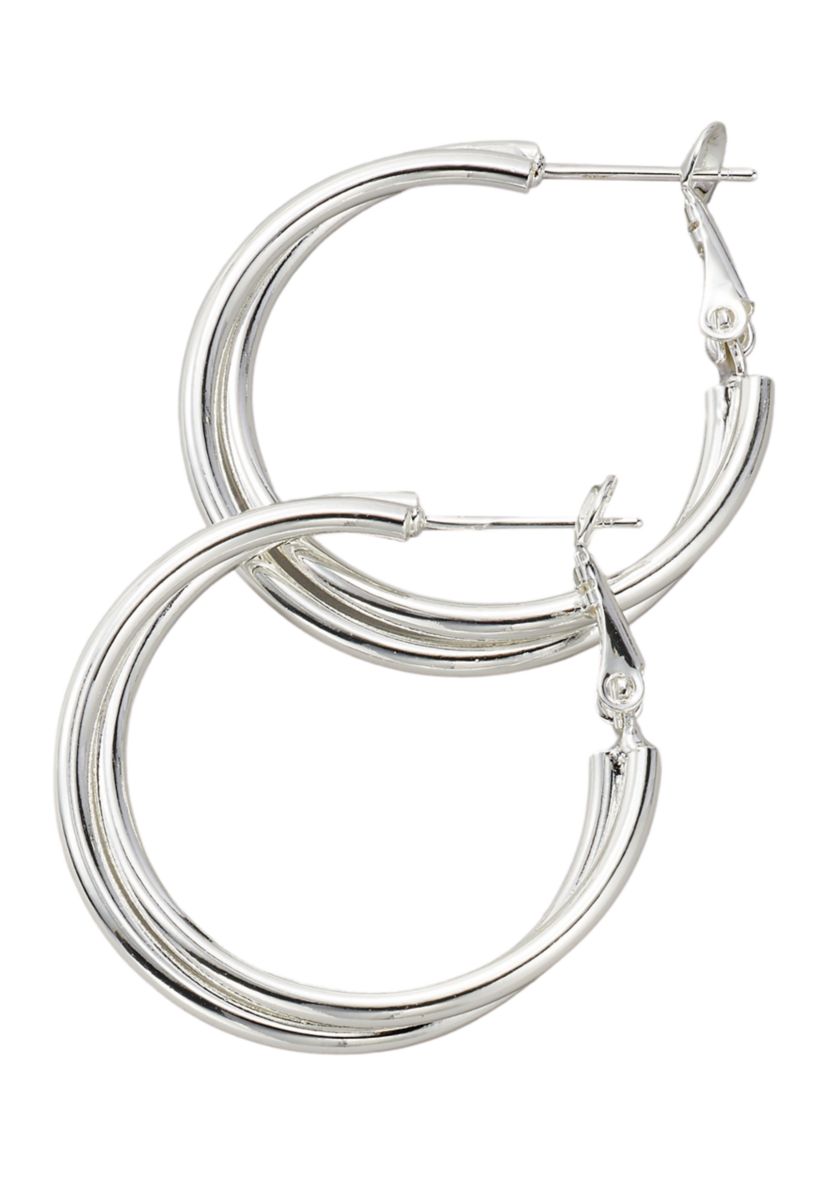 Silver Tone Double Hoop Earrings 