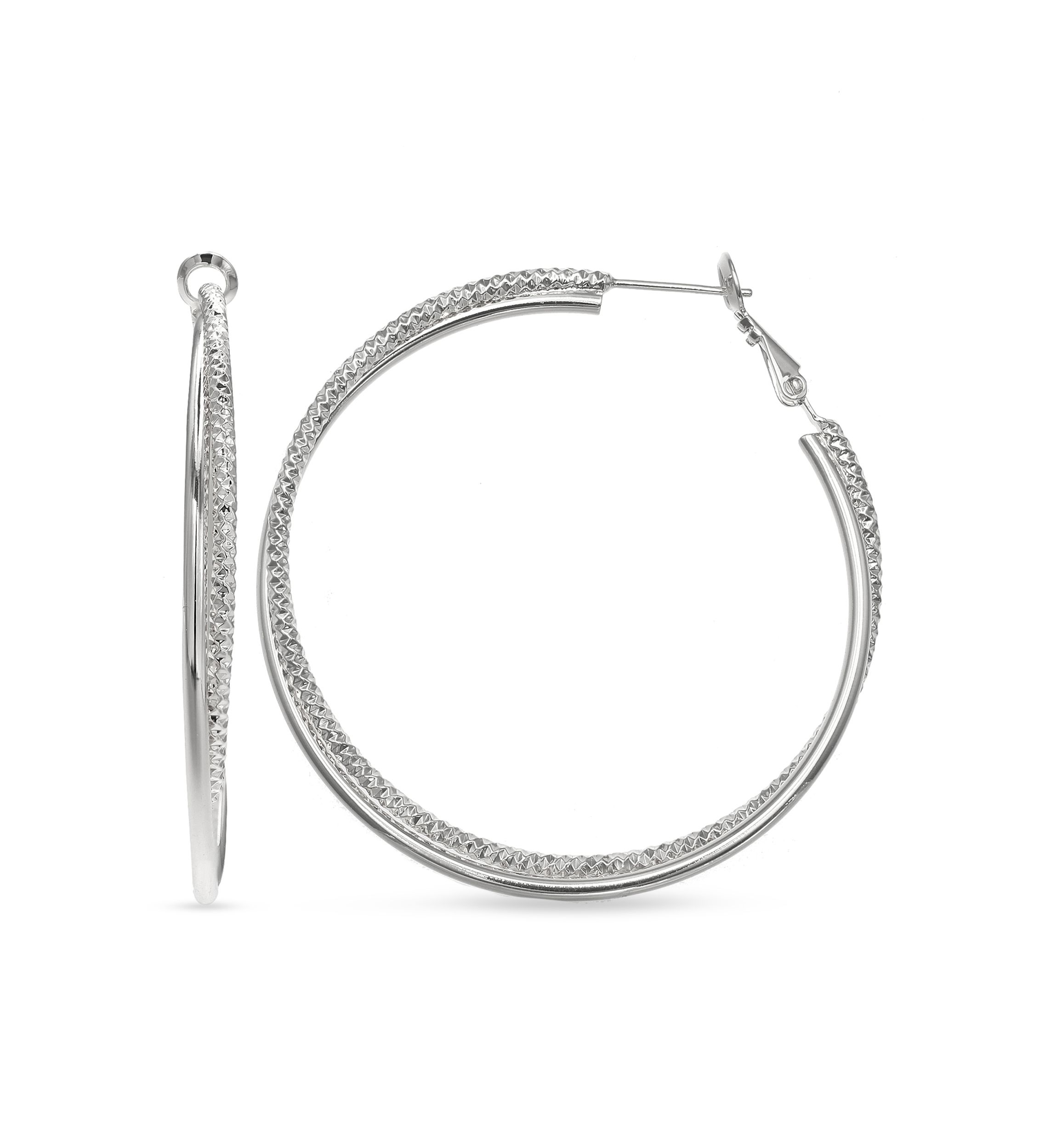 Fine Silver Plated Round Diamond Cut Hoop Earrings