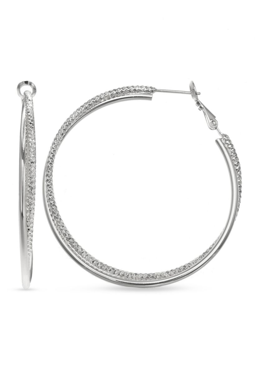Fine Silver Plated Round Diamond Cut Hoop Earrings