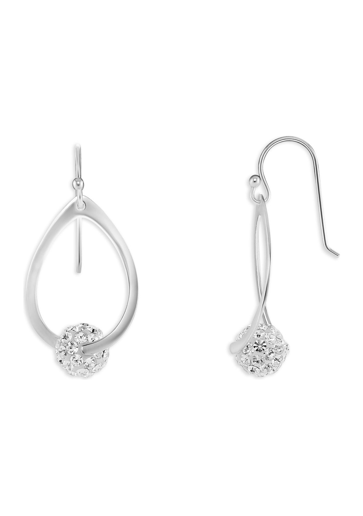 Silver Plated Polished Teardrop Crystal Fireball Drop Earrings