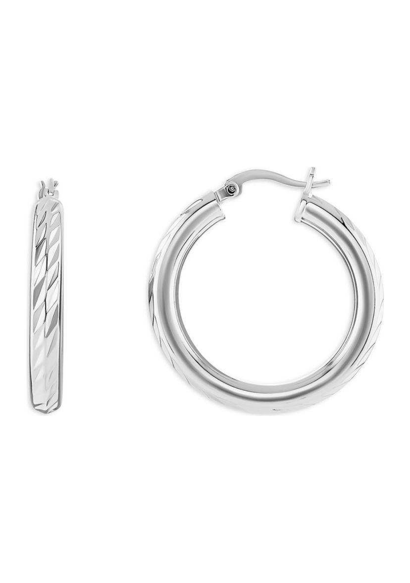 Silver Plated Diamond Cut 30 Millimeter Hoop Earrings