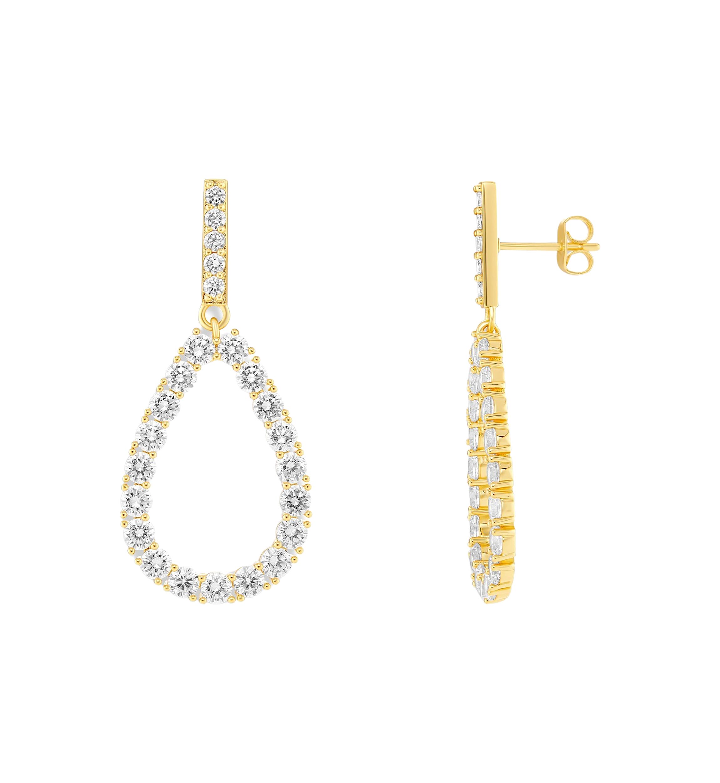Gold Plated Cubic Zirconia Bar Stud Teardrop Earrings