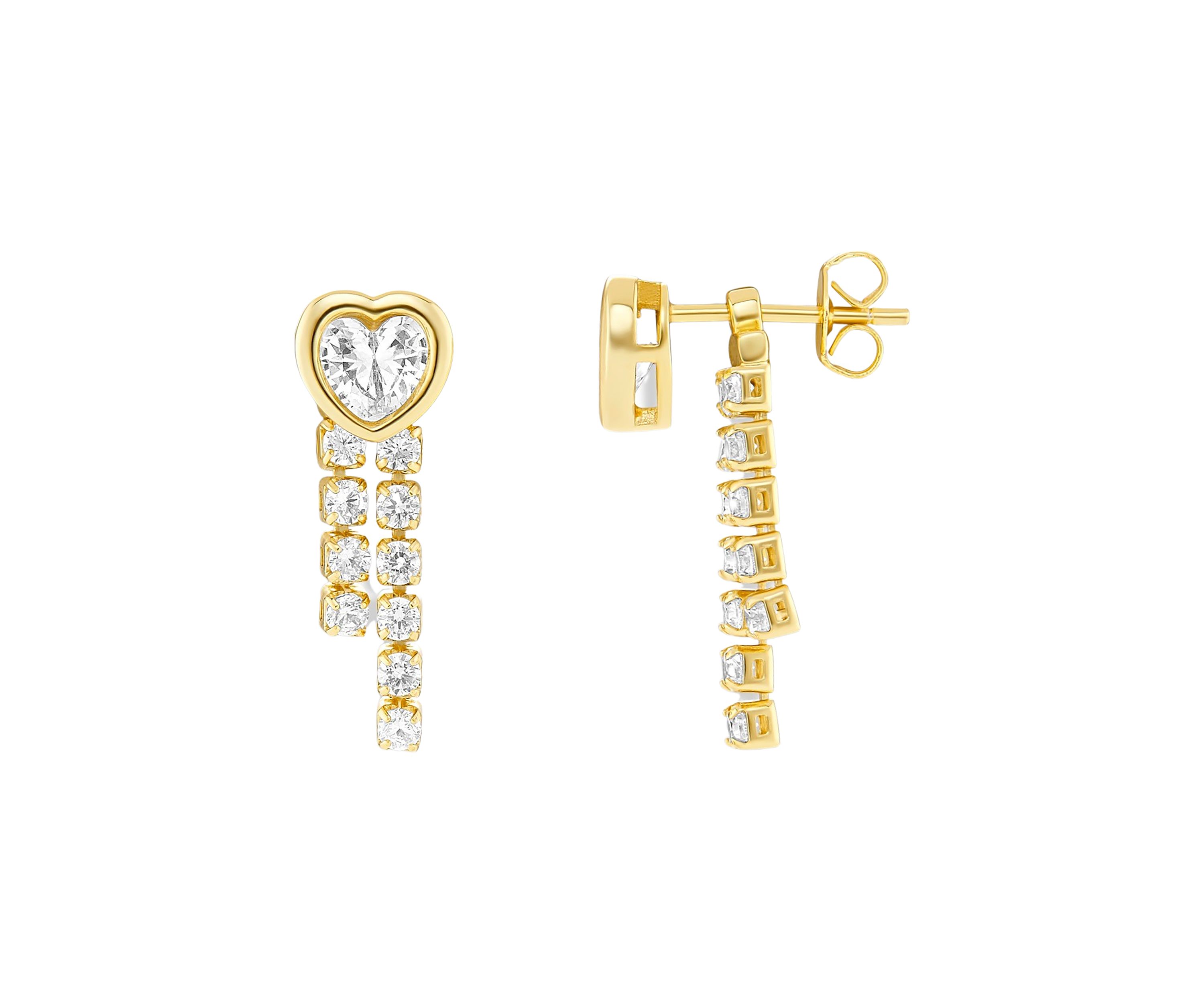 Gold Plated Cubic Zirconia Heart Bezel Stud with Tennis Drops Earrings