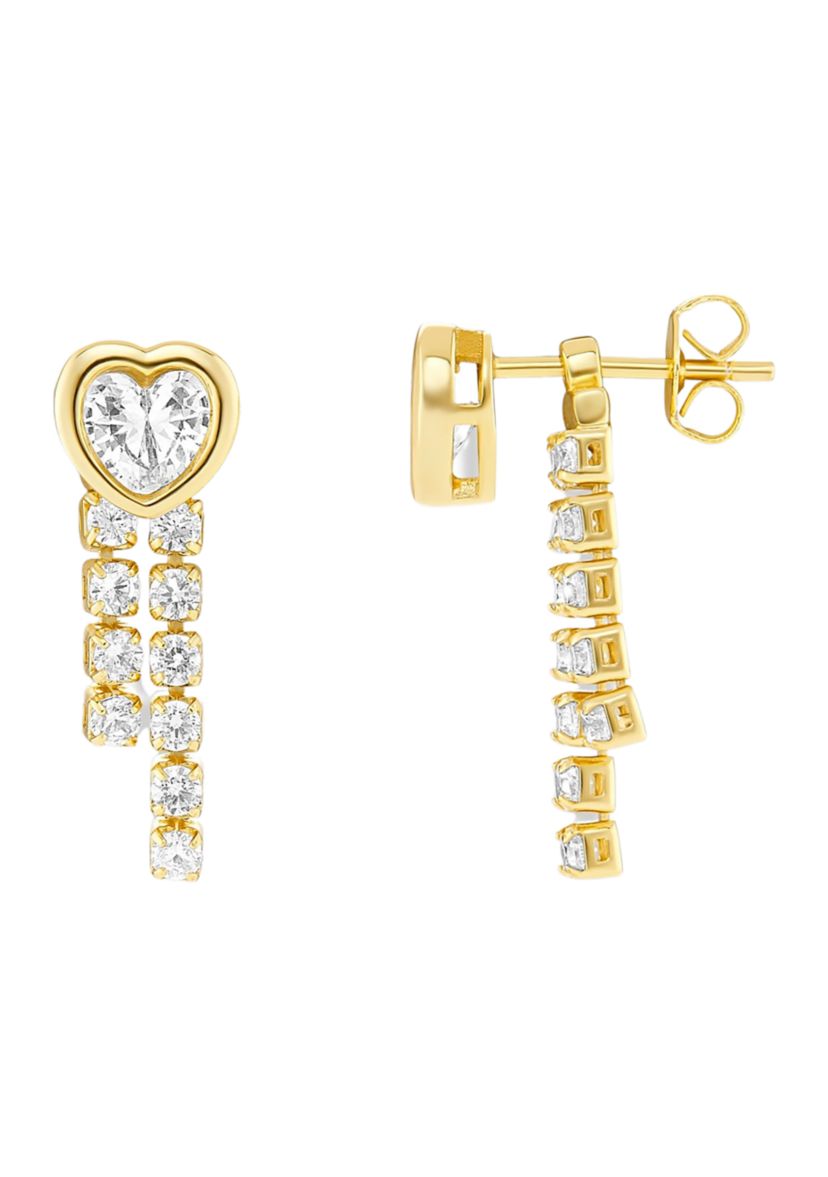 Gold Plated Cubic Zirconia Heart Bezel Stud with Tennis Drops Earrings