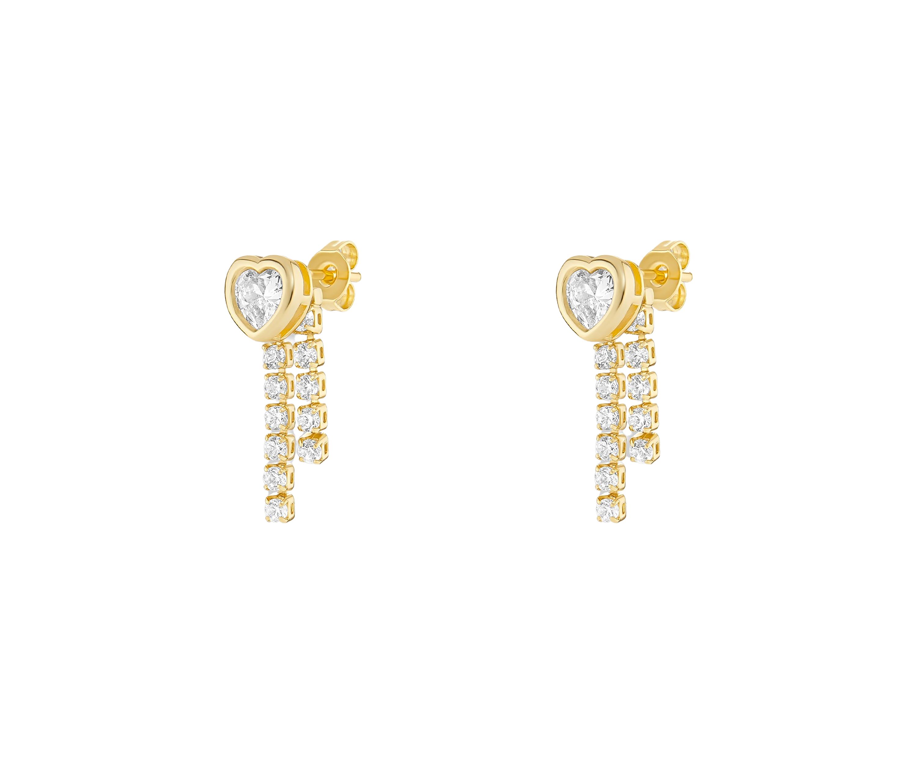 Gold Plated Cubic Zirconia Heart Bezel Stud with Tennis Drops Earrings