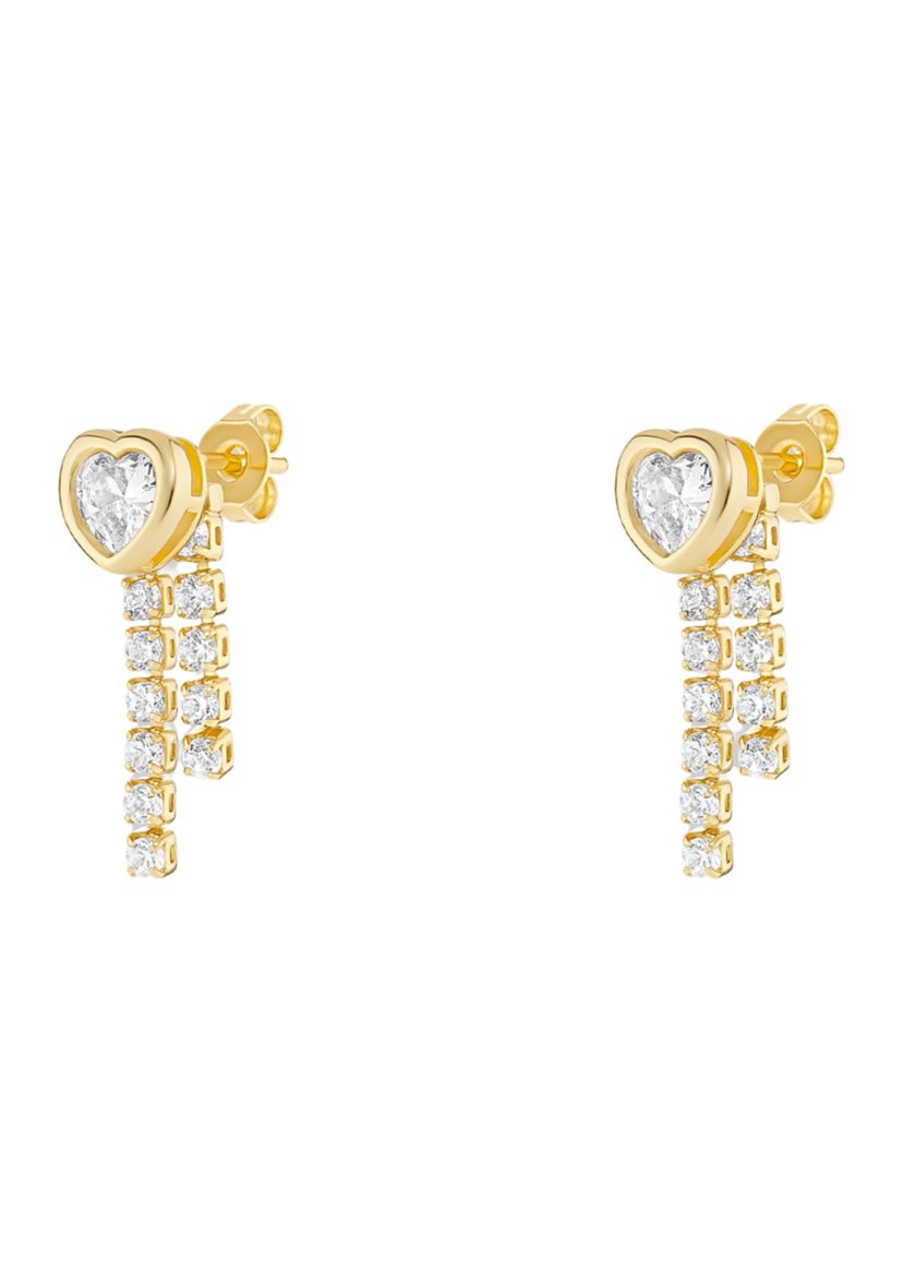 Gold Plated Cubic Zirconia Heart Bezel Stud with Tennis Drops Earrings