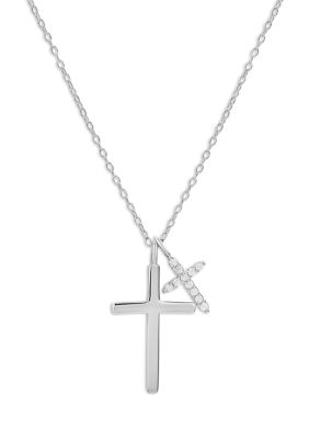 Belk Sterling Silver Sterling Silver Polished Pavé Cubic Zirconia Double Cross Pendant Necklace, 18 in