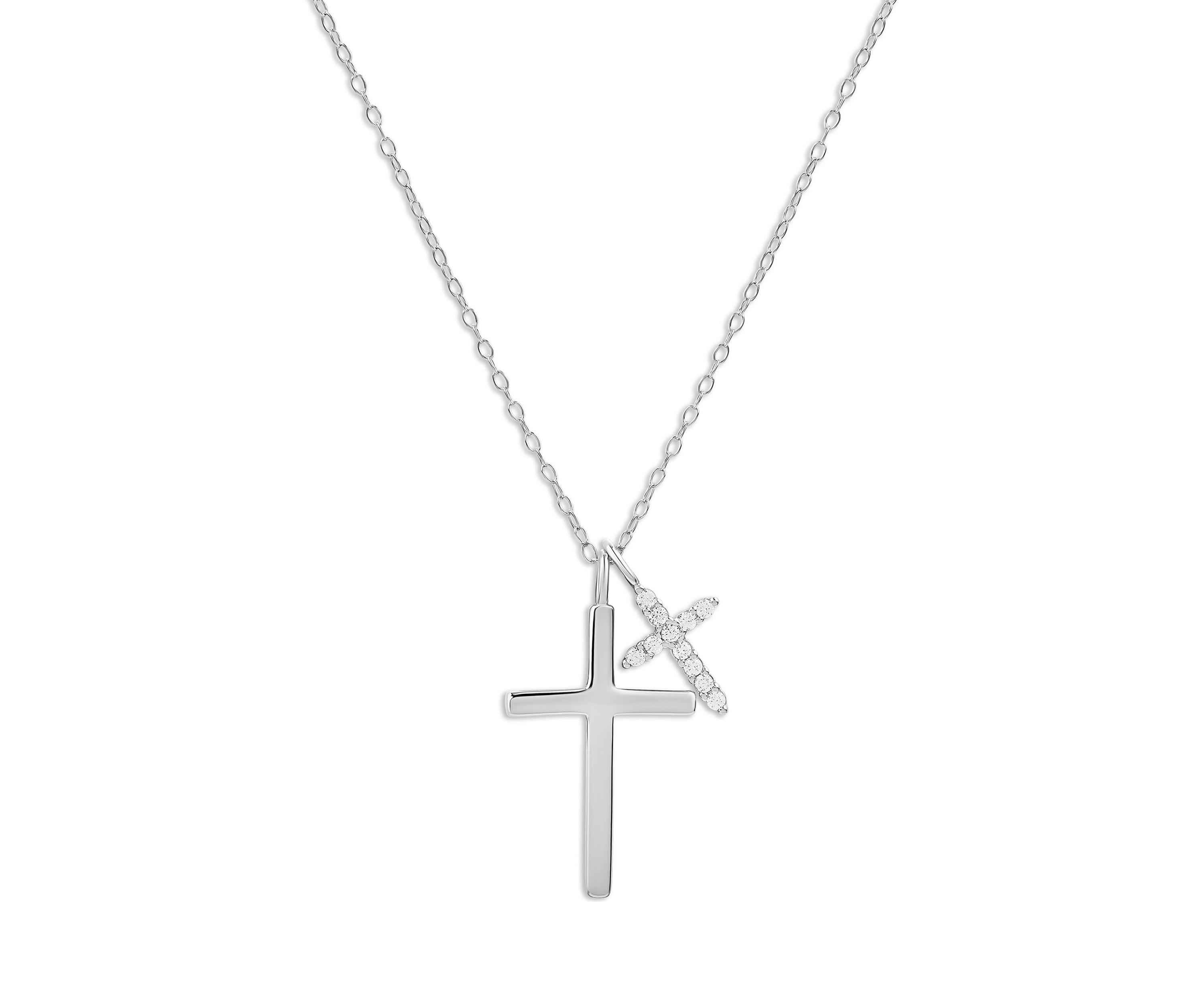 Sterling Silver Polished Pavé Cubic Zirconia Double Cross Pendant Necklace