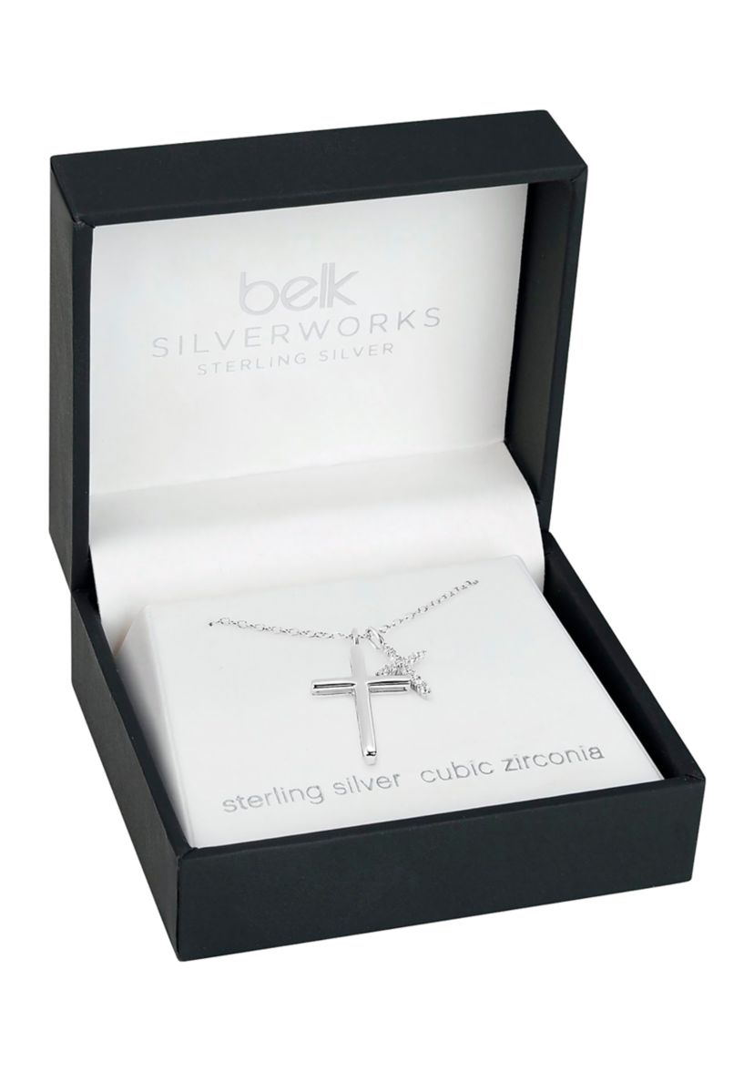 Sterling Silver Polished Pavé Cubic Zirconia Double Cross Pendant Necklace
