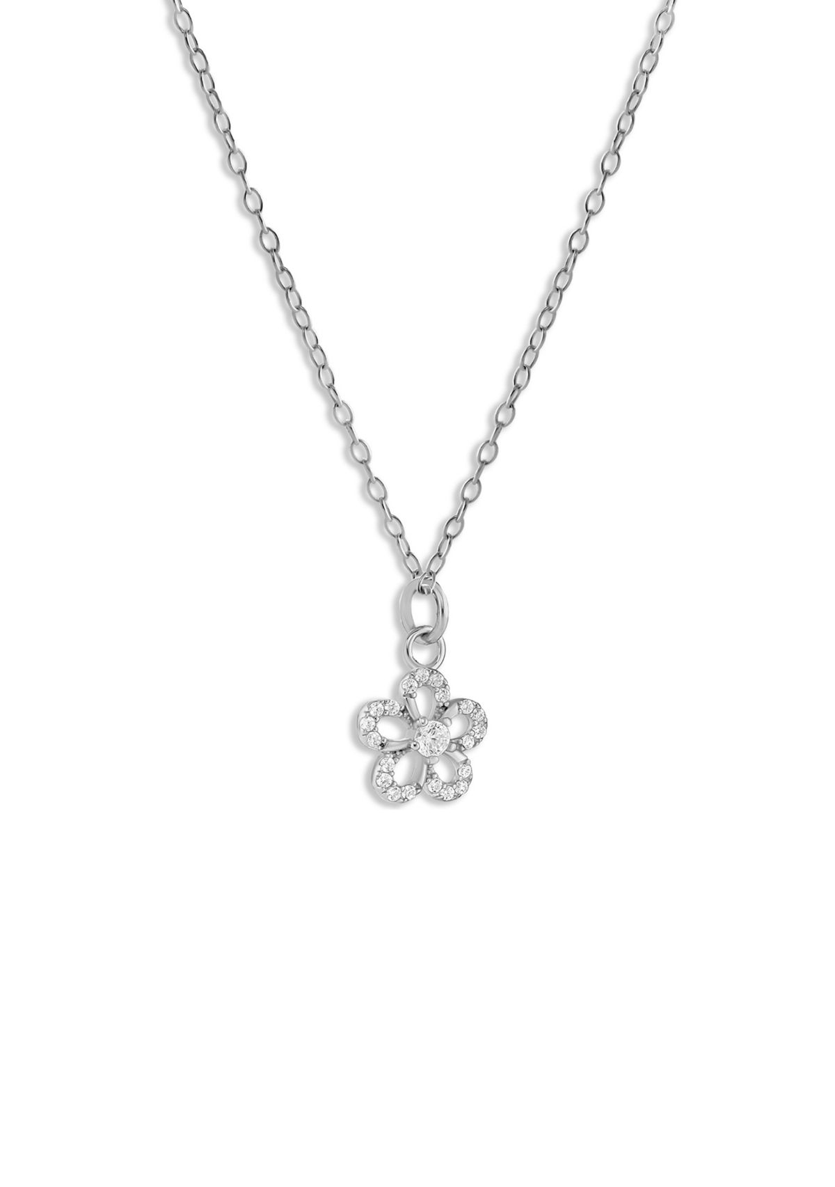 Pavé Cubic Zirconia Flower Pendant Necklace in Sterling Silver