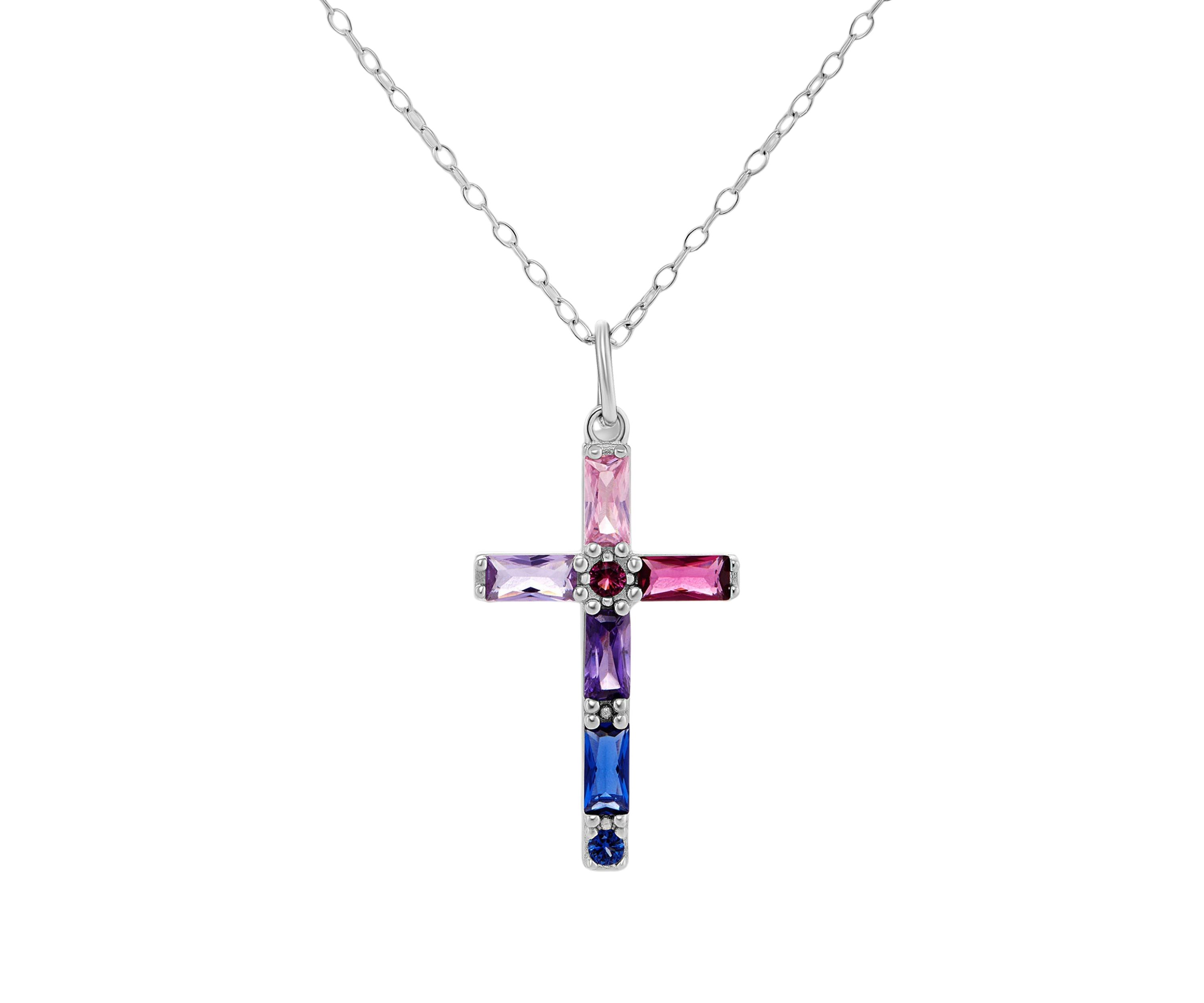 Sterling Silver Multicolor Cubic Zirconia Cross Pendant Necklace