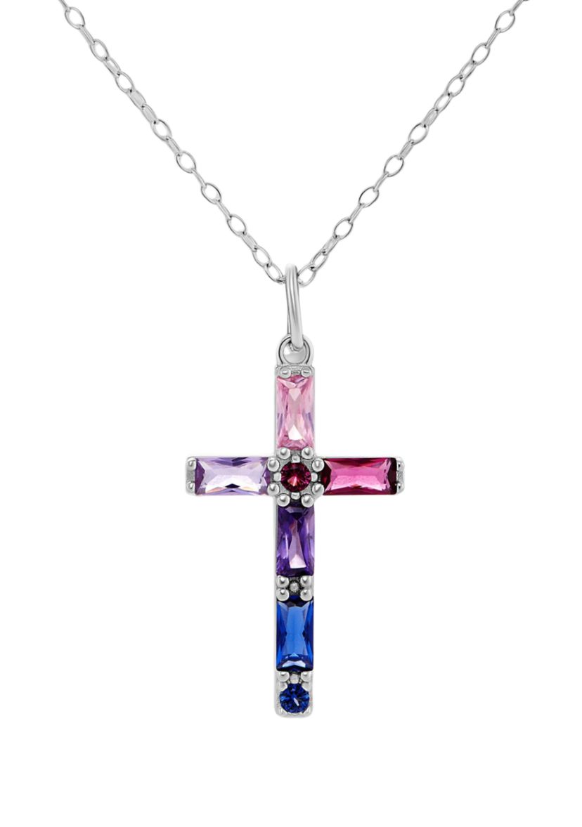 Sterling Silver Multicolor Cubic Zirconia Cross Pendant Necklace