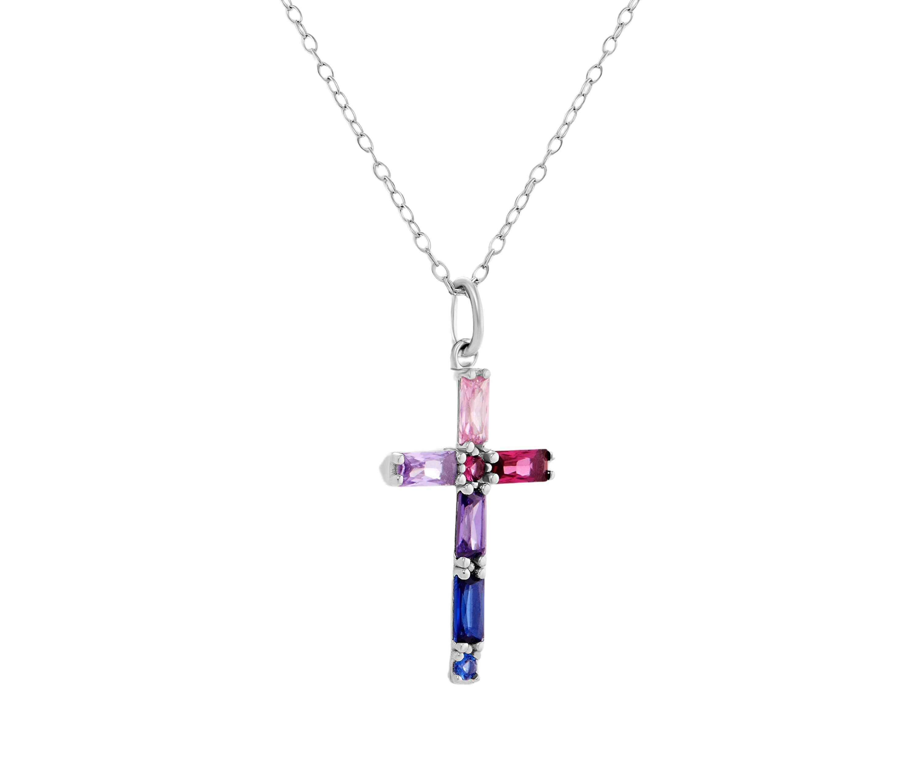 Sterling Silver Multicolor Cubic Zirconia Cross Pendant Necklace