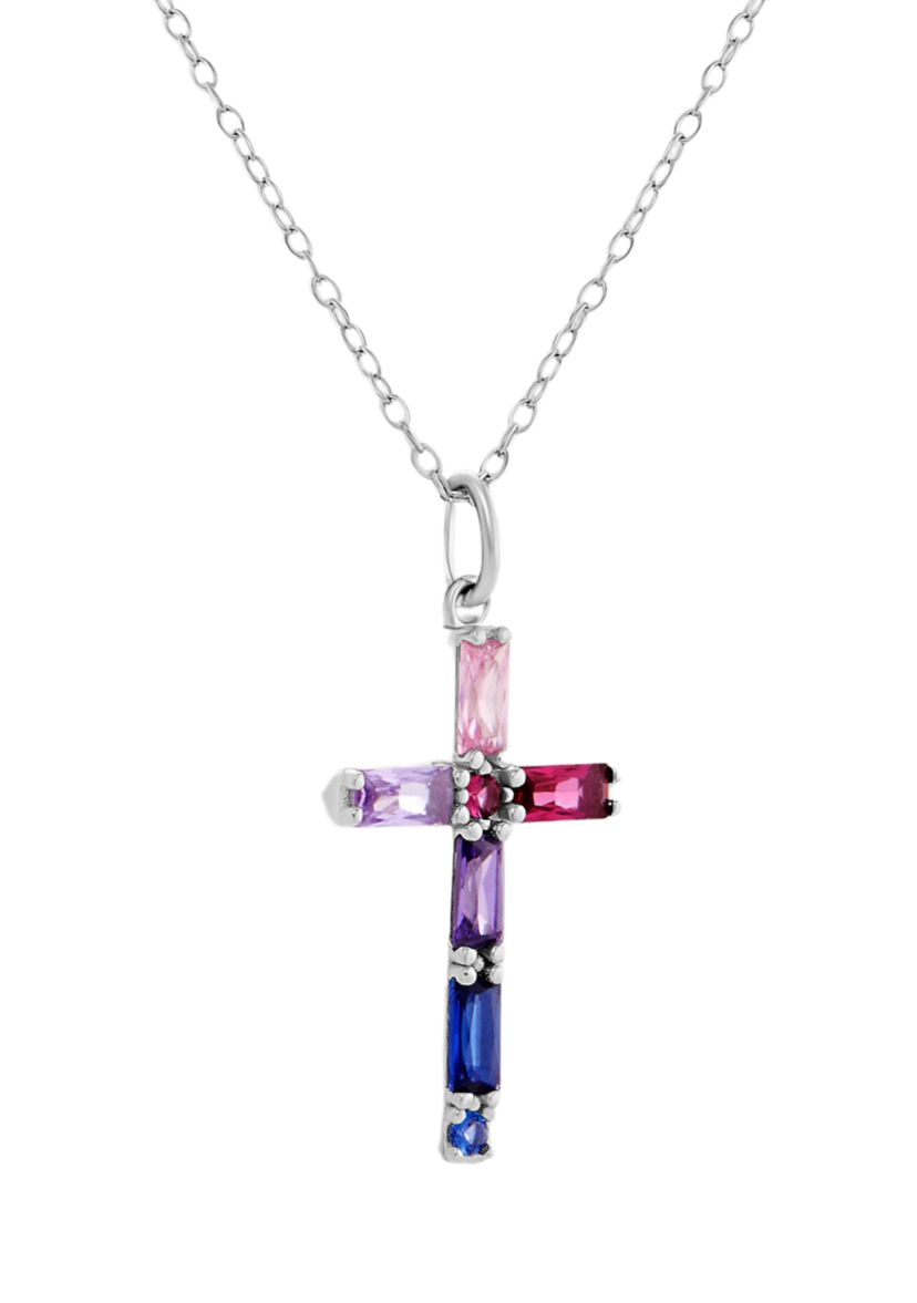Sterling Silver Multicolor Cubic Zirconia Cross Pendant Necklace