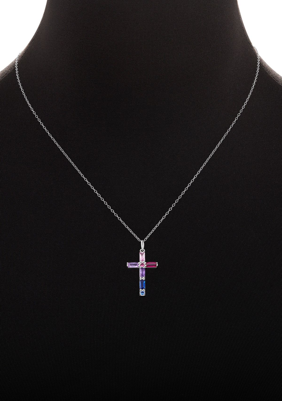 Sterling Silver Multicolor Cubic Zirconia Cross Pendant Necklace